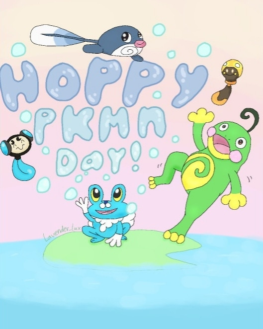 A drawing of Froakie, Politoed, Poliwag, Tadbulb and Poliwag with a pastel background and a lilypad pond below them. Froakie is making bubbles that form the text "hoppy pkmn day!"