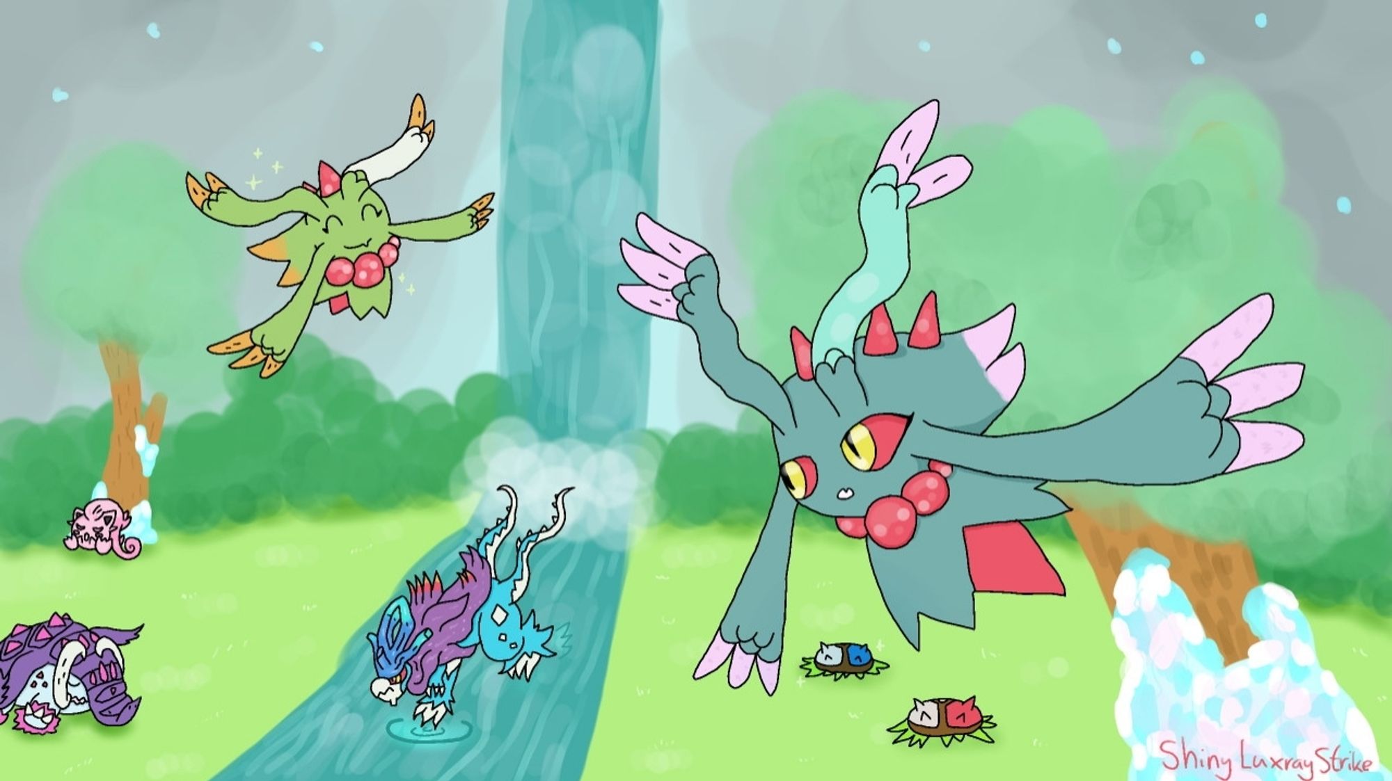 A drawing of a made-up area within Area Zero. There are two trees crystalizing as well as a river and waterfall. The grass is green but the sky is not visible, instead there is a rock wall with small blue crystals embedded in them. Walking Wake, Paradox Suicune, is walking over the river. Left of it, a Great Tusk (Paradox Donphan) and Scream Tail (Paradox Jigglypuff) are taking a nap. Right of the river, two Brute Bonnet (paradox Amoonguss) are sleeping underground. Two Flutter Mane (paradox Misdreavus) are flying around, one shiny (in the back on the left) and one regular (in front on the right).