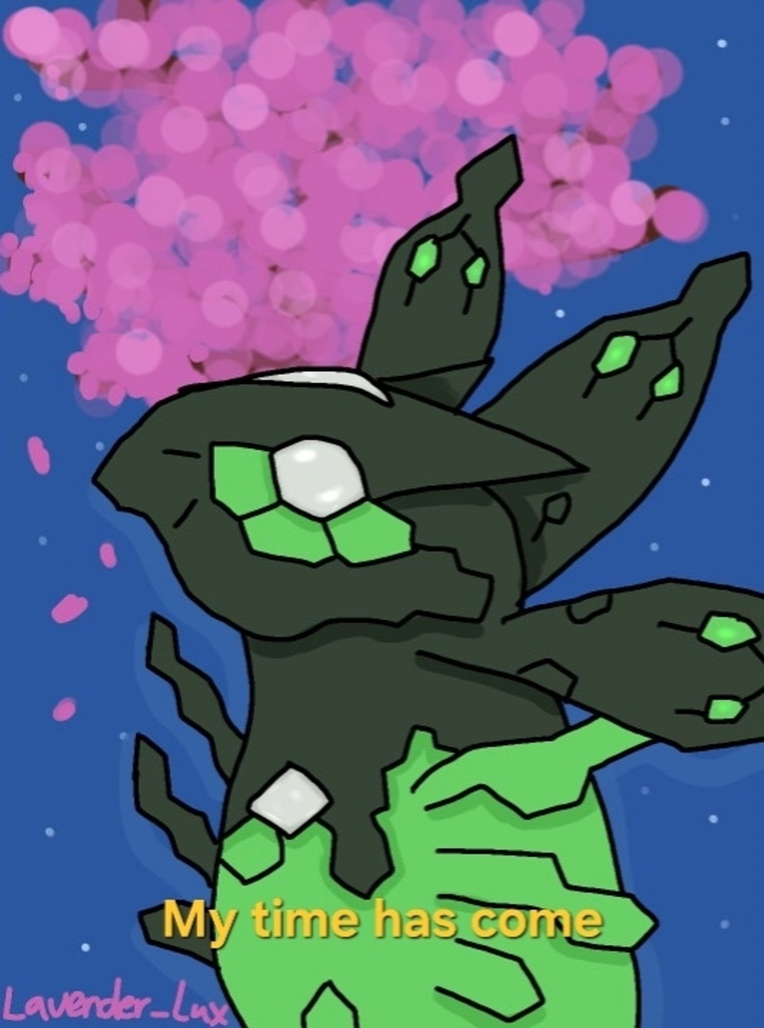 Zygarde looking at the night sky with a cherryblossom tree behind them. There is text saying "My time has come". This is a meme from Kung Fu Panda.