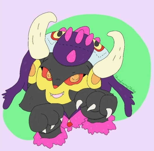 Headshot of a female shiny Luxray wearing a hoodie of the past paradox pokemon Great Tusk. The background is a lilac void with green dots behind her.