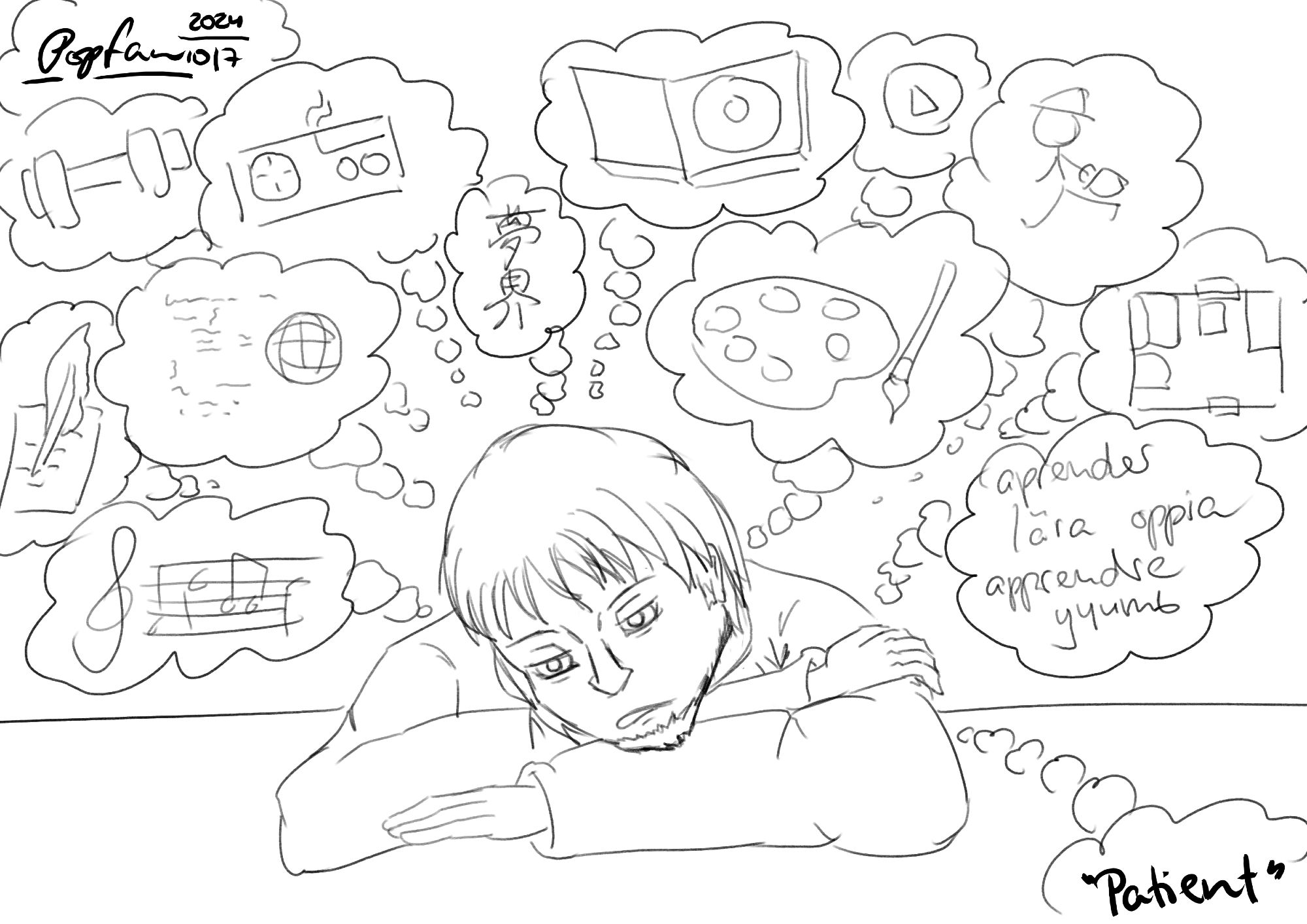 A (rather crude) depiction of the arist, resting on a desk with a tired/frustrated expression. He is thinking about all sorts of things. Going from top to bottom, then left to right: working out, writing, gaming, website coding, composing, working on the Mukai Project, making physical copies of his games and albums, YouTube videos, drawing, working, his own living space, and the acquisition of various foreign languages.