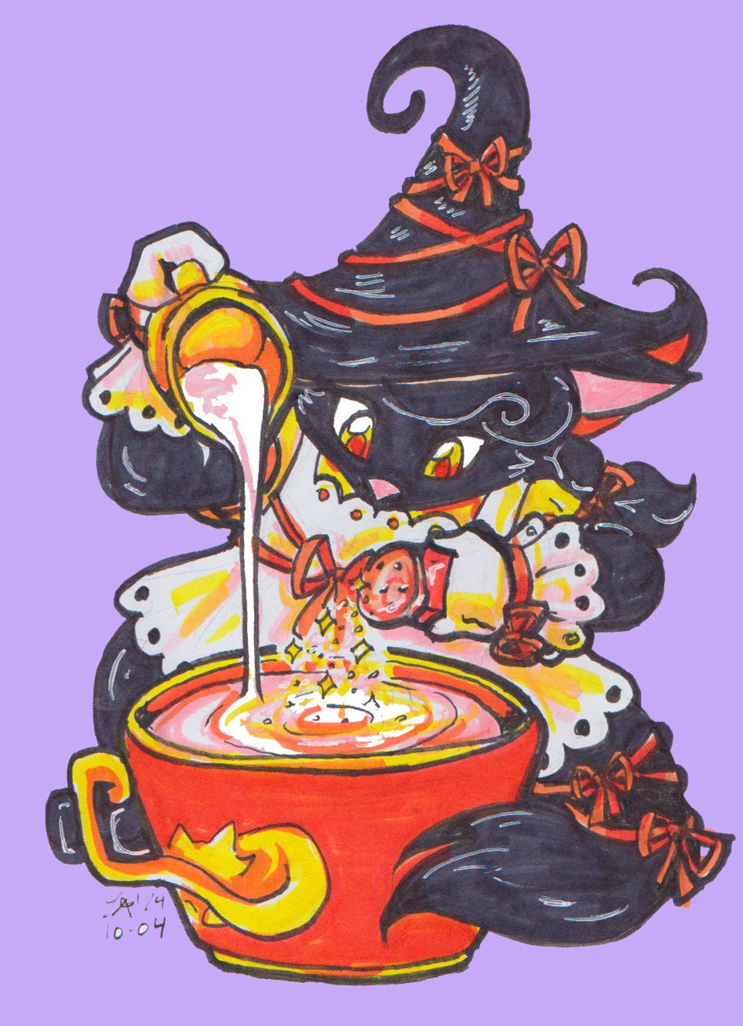 A black cat is wearing a witch's hat decorated with orange ribbons tied into bows, and a white lace apron and gloves, also trimmed in orange ribbons. She is pouring milk and magic into an oversized coffee mug filled with a warm brew.