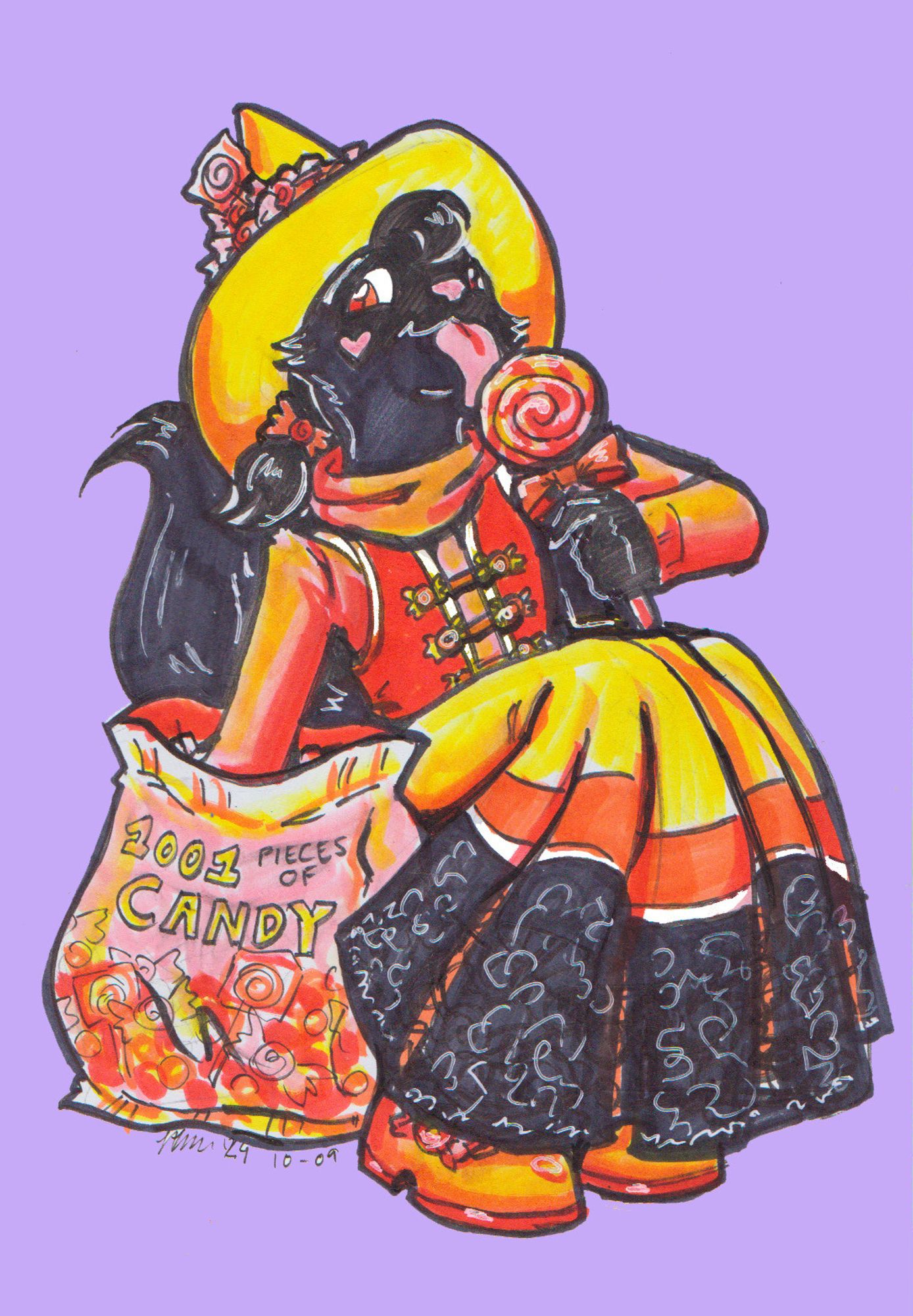 A black cat is wearing a yellow witch hat, trimmed with candy. Candy barrettes clip her long fur into pigtails, and a candy heart is on her cheek. She's wearing a floor-length gown, with broad stripes the color of candy corn, ending in black lace. She is happily eating a lollipop while reaching into her giant bag of candy for another piece. 