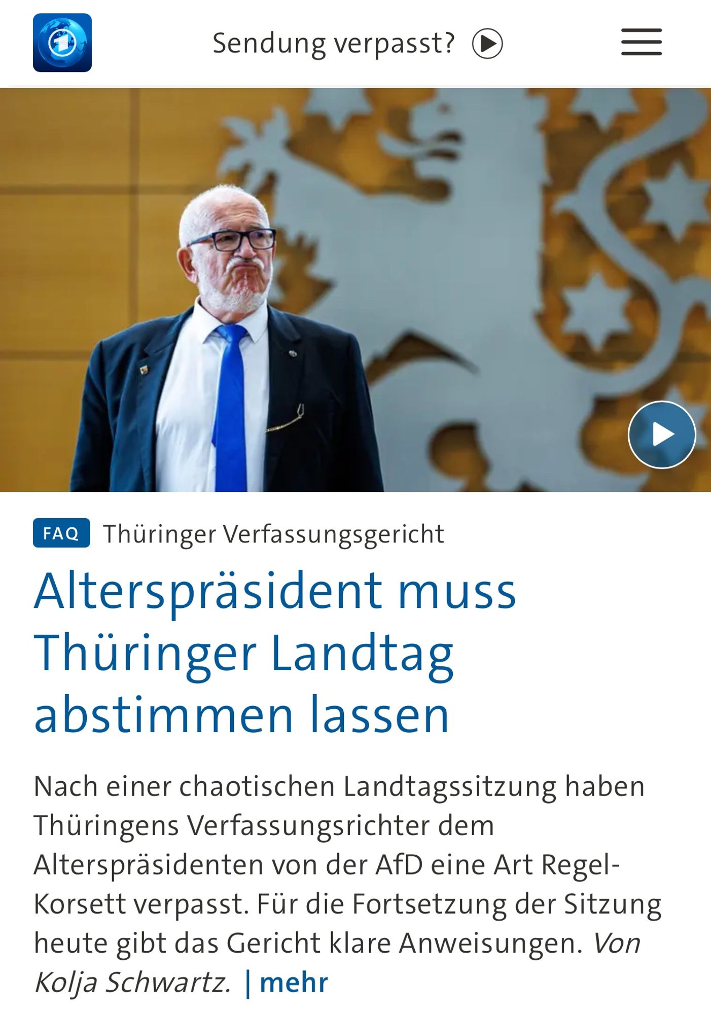 Thüringer Verfassungsgericht
Alterspräsident muss Thüringer Landtag abstimmen lassen
Nach einer chaotischen Landtagssitzung haben Thüringens Verfassungsrichter dem
Alterspräsidenten von der AfD eine Art Regel-Korsett verpasst. Für die Fortsetzung der Sitzung heute gibt das Gericht klare Anweisungen. Von Kolja Schwartz. | mehr🖖