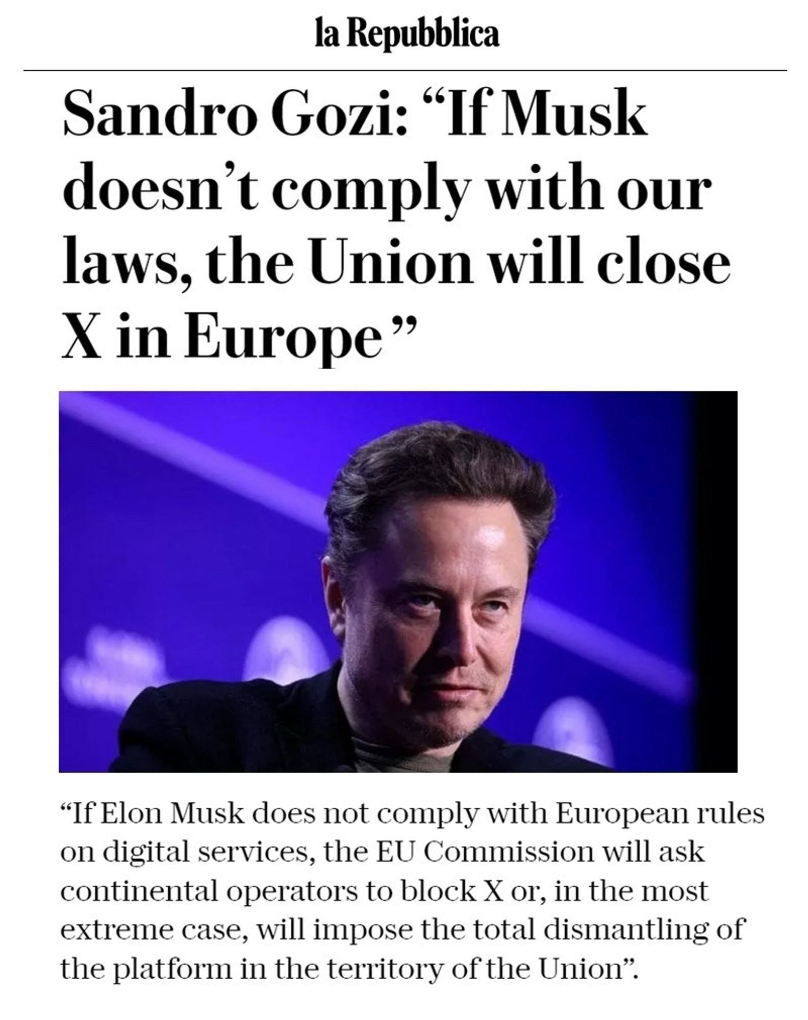 Sandro Gozi: "If Musk doesn't comply with our laws, the Union will close X in Europe"
"If Elon Musk does not comply with European rules on digital services, the EU Commission will ask continental operators to block X or, in the most extreme case, will impose the total dismantling of the platform in the territory of the Union".🖖