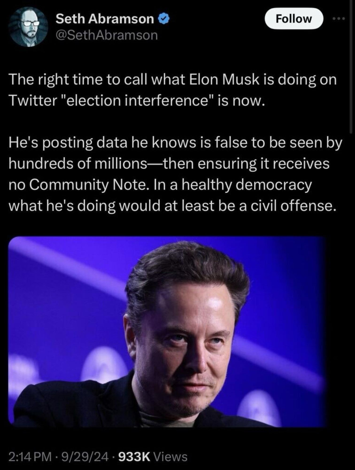 Seth Abramson @SethAbramson
Follow
The right time to call what Elon Musk is doing on Twitter "election interference" is now.
He's posting data he knows is false to be seen by hundreds of millions-then ensuring it receives no Community Note. In a healthy democracy what he's doing would at least be a civil offense.🖖