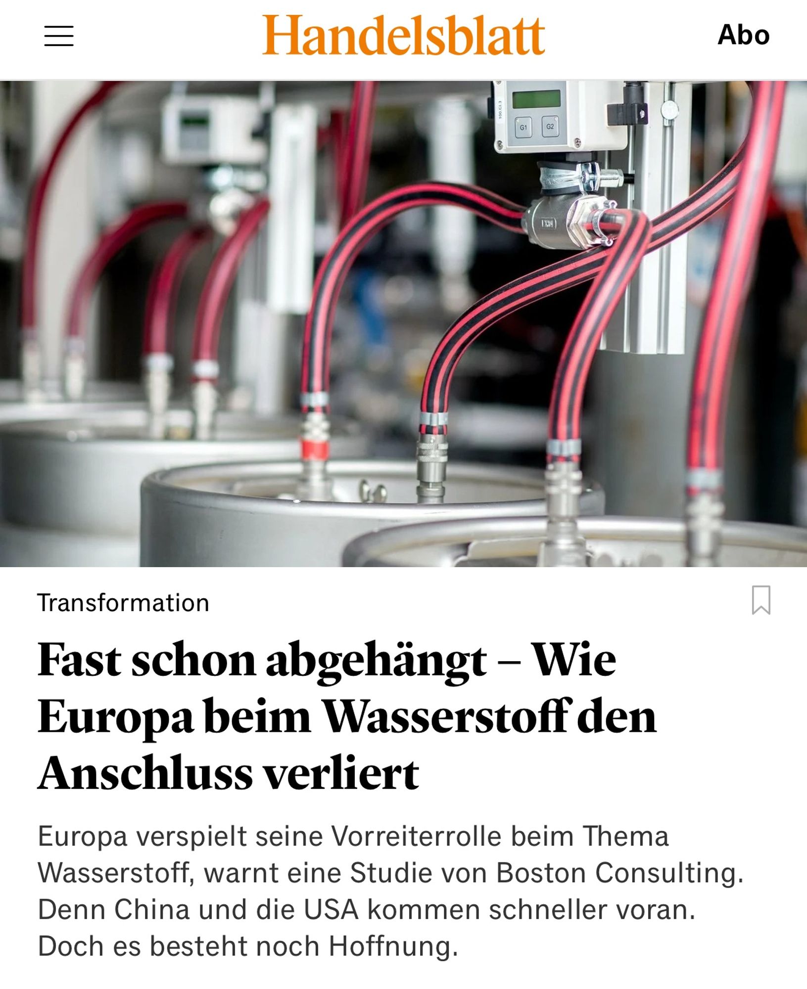 Handelsblatt
Abo
Transformation
Fast schon abgehängt - Wie Europa beim Wasserstoff den Anschluss verliert
Europa verspielt seine Vorreiterrolle beim Thema Wasserstoff, warnt eine Studie von Boston Consulting.
Denn China und die USA kommen schneller🖖