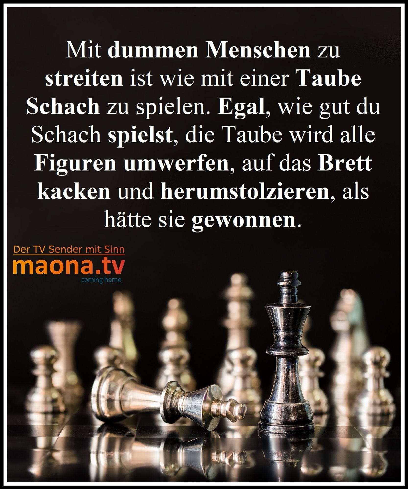 Mit dummen Menschen zu streiten ist wie mit einer Taube Schach zu spielen. Egal, wie gut du Schach spielst, die Taube wird alle Figuren umwerfen, auf das Brett kacken und herumstolzieren, als hätte sie gewonnen.🖖