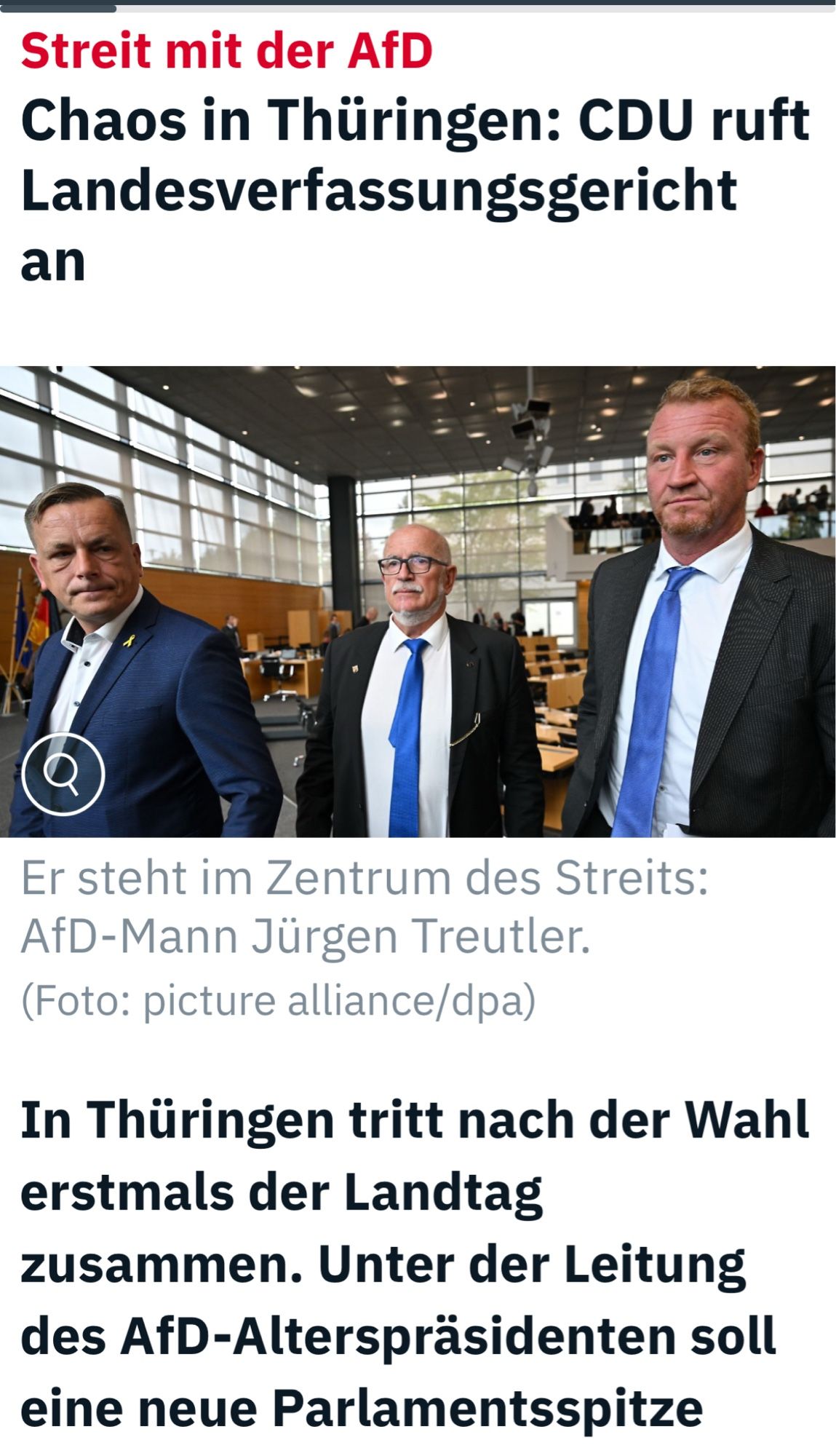 Streit mit der AfD Chaos in Thüringen: CDU ruft Landesverfassungsgericht
an
Er steht im Zentrum des Streits:
AfD-Mann Jürgen Treutler.
(Foto: picture alliance/dpa)
In Thüringen tritt nach der Wahl erstmals der Landtag zusammen. Unter der Leitung des AfD-Alterspräsidenten soll eine neue Parlamentsspitze🖖