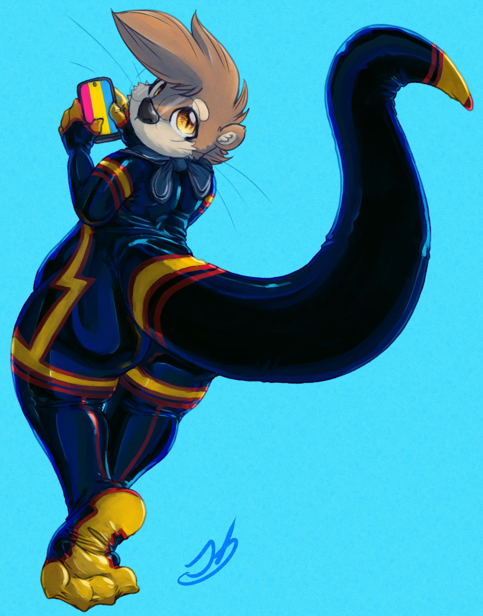 Mao otter, standing on one foot with the other showing his sole, slightly high angle looking back at the viewer, 2/3 back view. He's wearing a full latex suit with the Rubber Pride flag colors. He is also holding a mobile phone showing the Pansexual Pride flag colors.