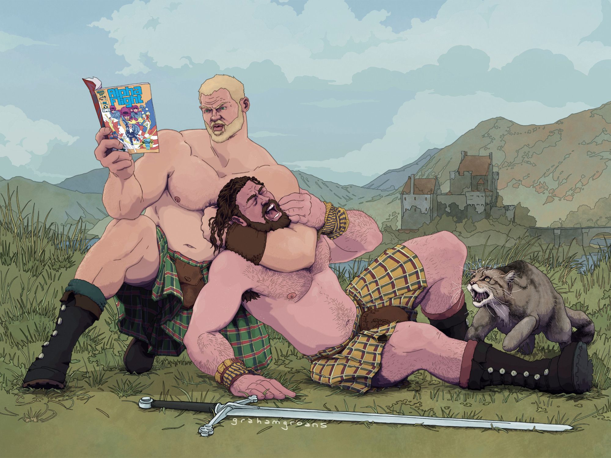 Colored drawing of two burly men fighting in the Scottish highlands. Both are wearing kilts and boots and nothing else. The one on the left has got the one on the right in a headlock, from which the latter is unable to escape. The one on the left subdues him so easily with one arm, that he's able to read a comic he holds with the free hand.
His familiar, a snarling scottish wildcat, is also attacking the loser.
In the background, you see hills, and a lake, and a castle.