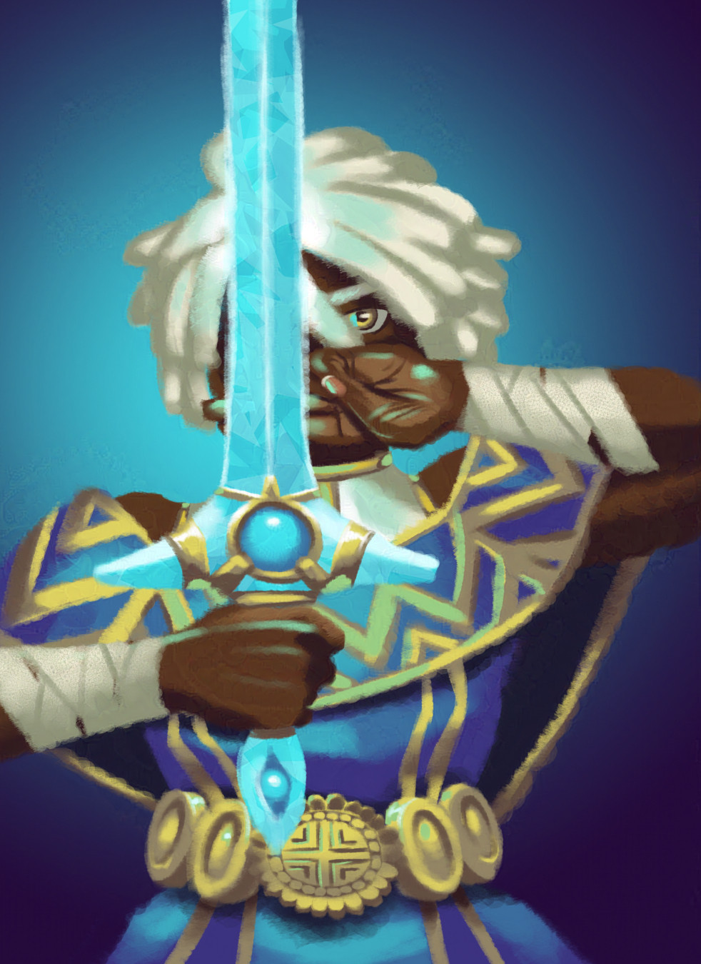 An elf with brown skin, white hair, and golden eyes posing with a glowing crystal sword and obscuring her face