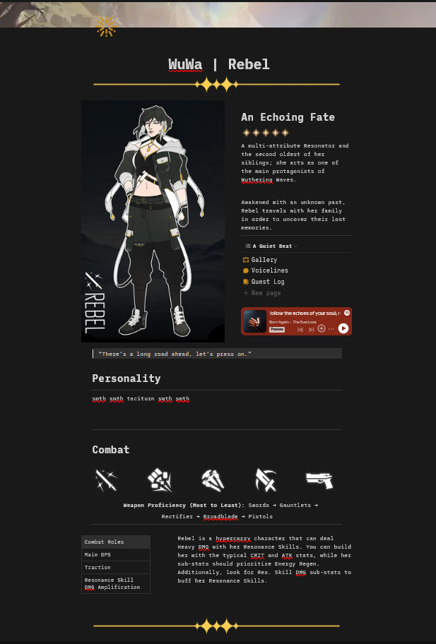 Screenshot of a notion page for idiciart's Wuthering Waves OC, Rebel. Information about her character, personality, and combat is put on a grey-black background.