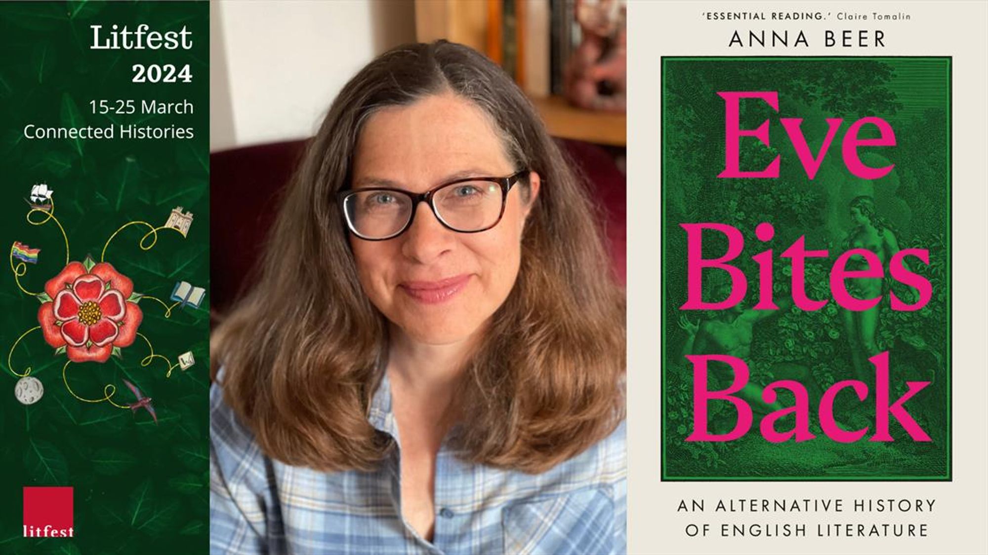 Author photo Anna Beer next to book cover for Eve Bites Back