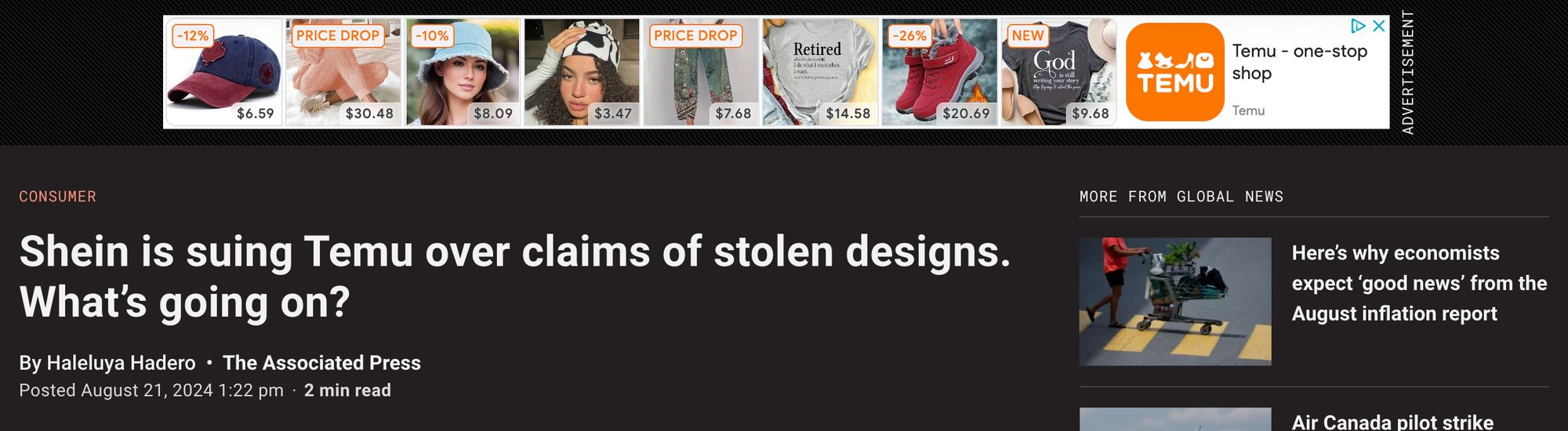 A screenshot of a news article titled "Shein is suing Temu over claims of stolen designs. What's going on?" with a temu banner ad right above the title.