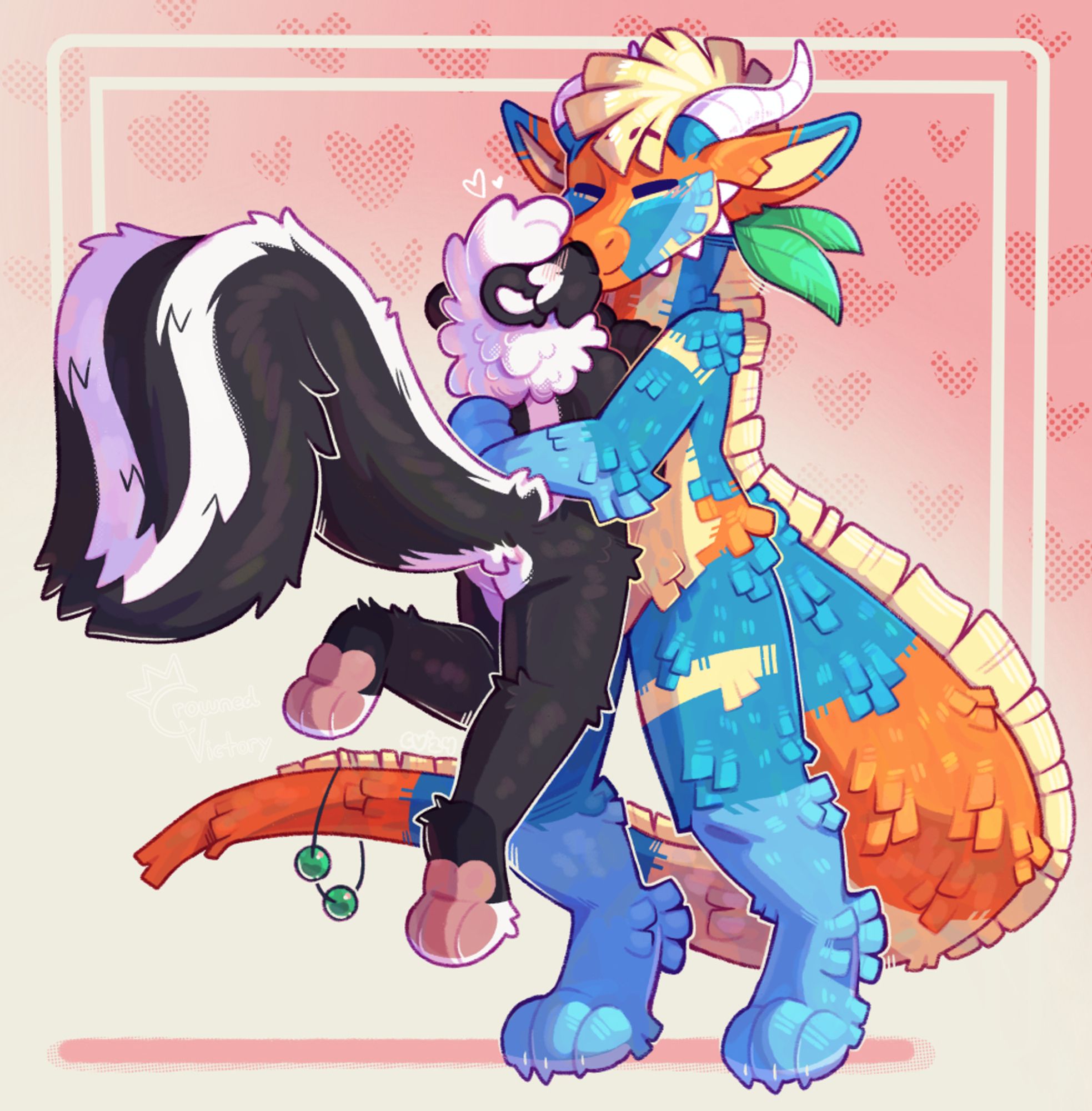 An anthro skunk being picked up by an anthro piñata dragon, they are happily kissing.