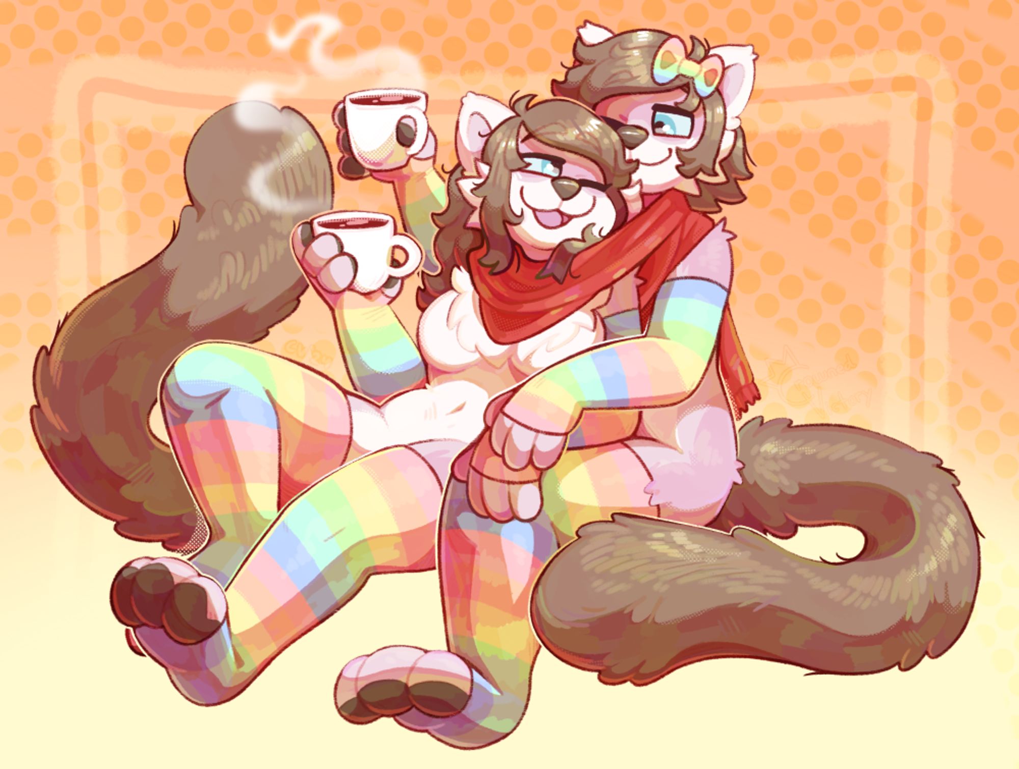 Duplicates of one ferret anthro character, one male and one female, cuddling with each other in a bout of self-love!  They both have a mug of a warm drink and are sharing a scarf.