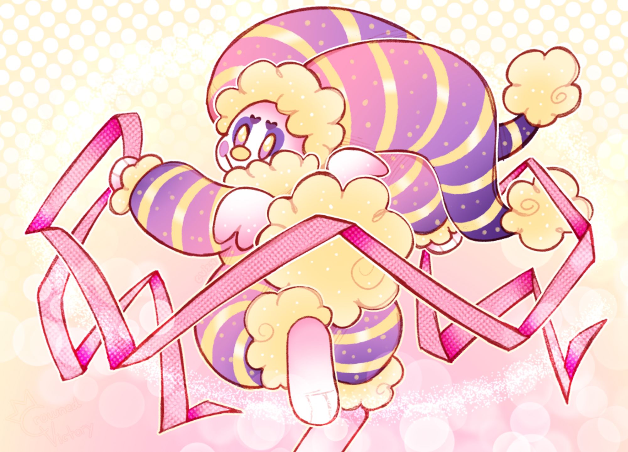 clown/jester type critter dancing around with pink ribbons and sparkles!