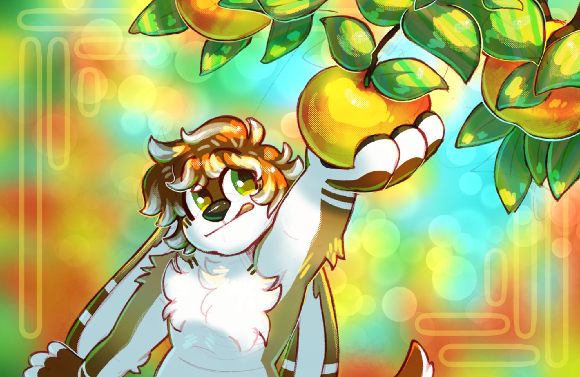 A bunny otter anthro furry reaching up to pick a good looking apple from an apple tree!