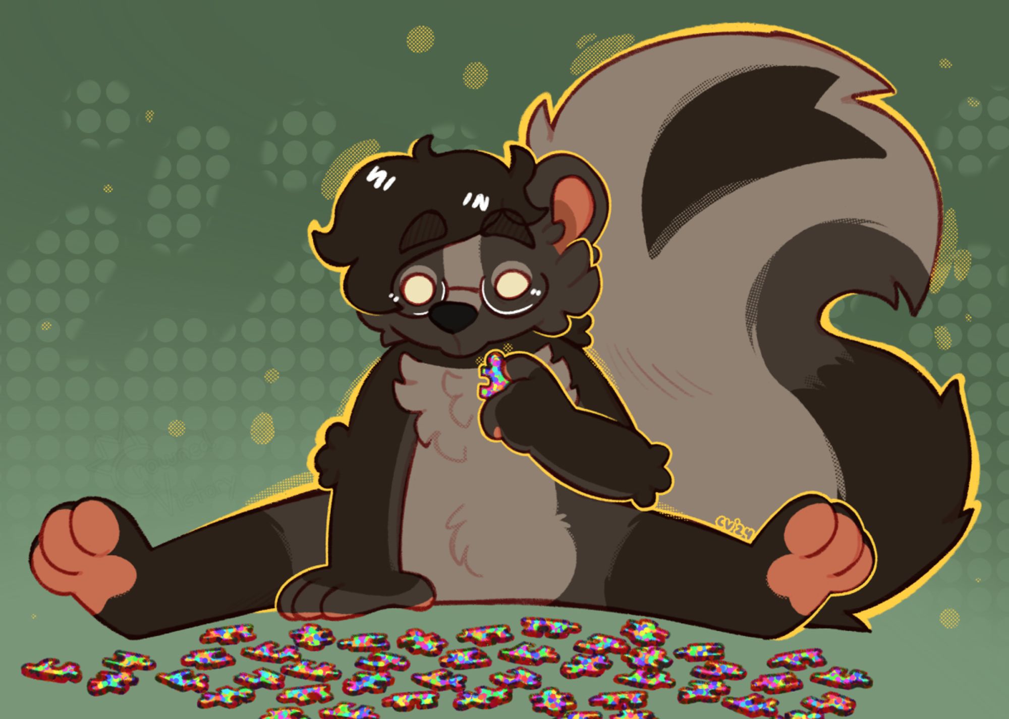 An anthro skunk staring down at a very confusing, hard looking puzzle in a mess in front of them.