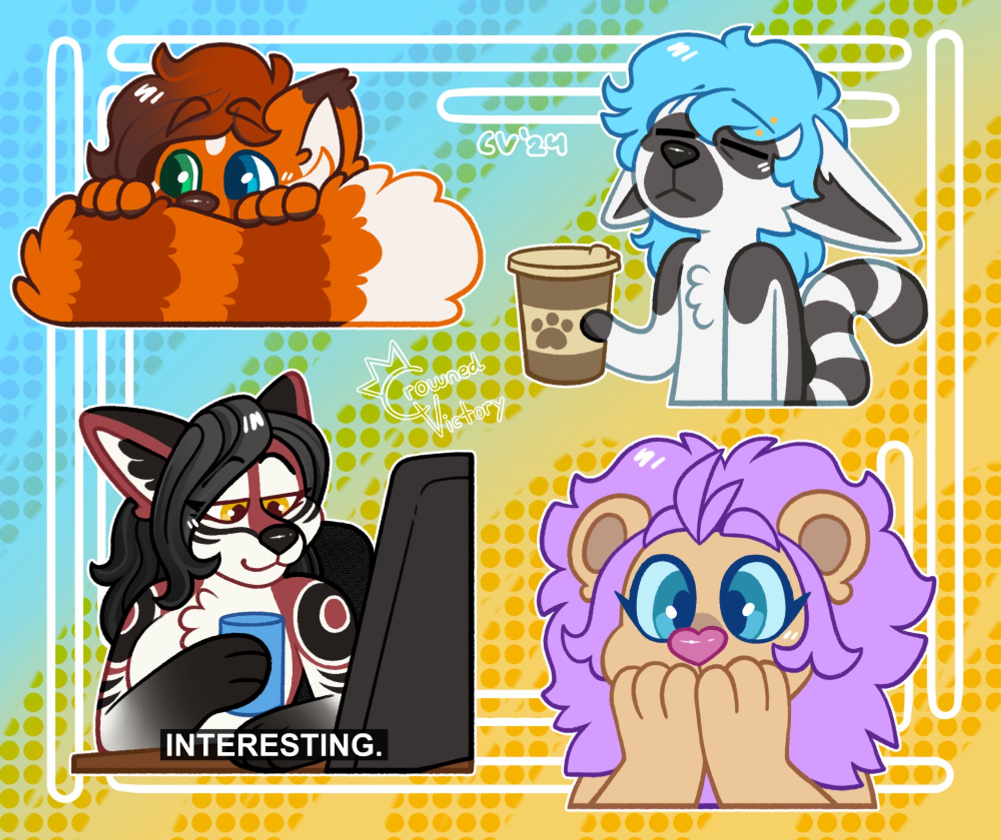 A sticker collection of 4 characters, a redpanda peering over their tail, a tired lemur holding a cup of coffee, and wolf doing the "interesting" megan meme, and a lion holding their hands over their mouth in shock.