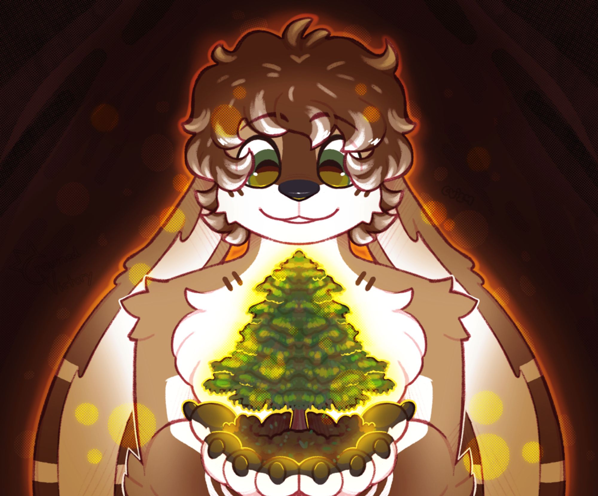 A bunny otter anthro furry holding their hands up, cupped in his hands is a tiny pine tree, they are glowing in the darkness as they appreciate the tiny bit of nature growing in their hands.