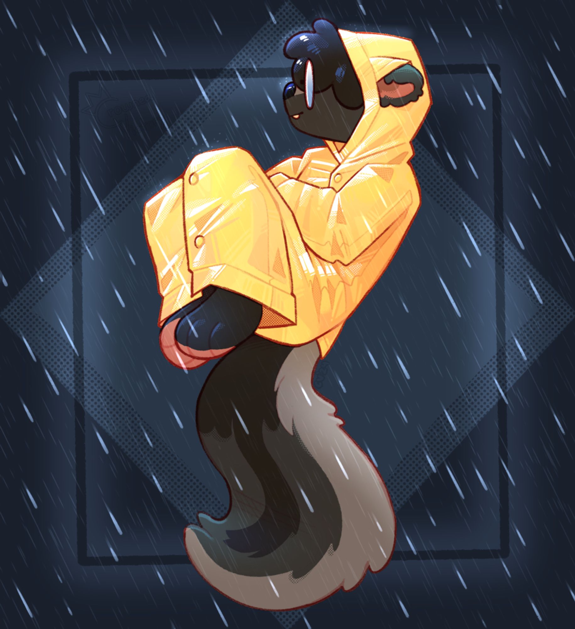 A skunk anthro floating in dark blue with rain, they are wearing a yellow rain coat.