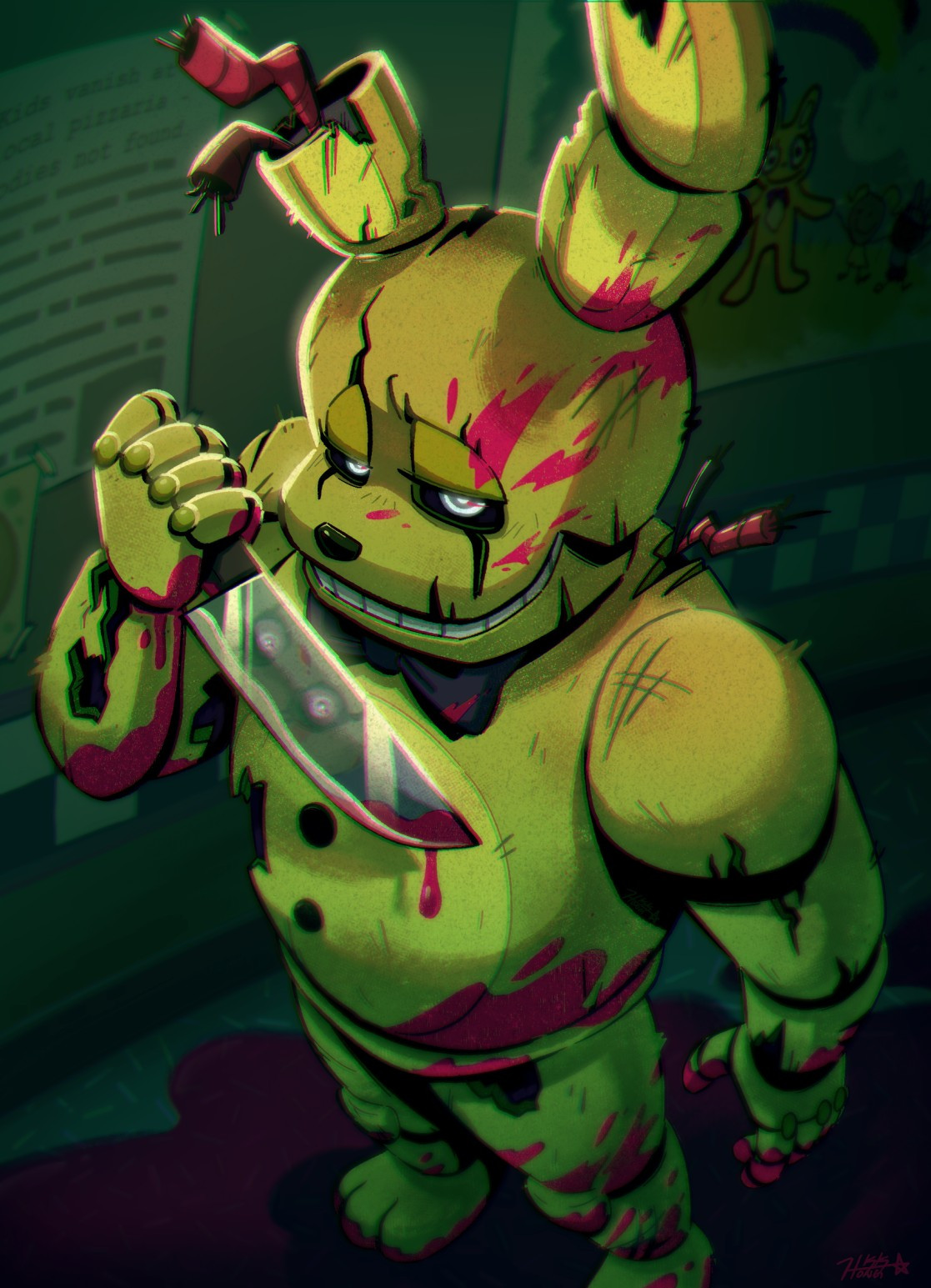 Springtrap from Five Night at Freddy holding a knife from a top down angle and looking at the viewer. He is covered in blood with blood on the ground around him. In the background, there are a few posters on the wall: one of a pizza, one of a children's drawing of Spring Bonnie and kids, and one of a newspaper page talking about the missing children from the pizzeria. The knife has a reflection of Sprintrap's eyes that are also looking at the viewer.