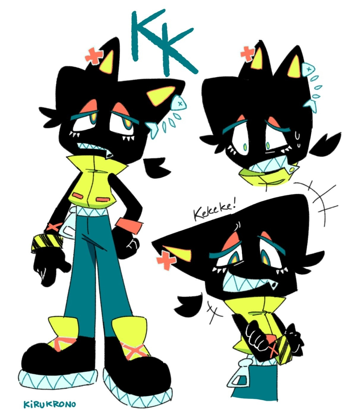 Black cat with a zipper mouth, fish skeleton earring, and a high collar yellow green sleeveless shirt and blue pants. Left is a full body neutral expression and pose. Top right is a worried head expression, and the bottom right is a smug bust.