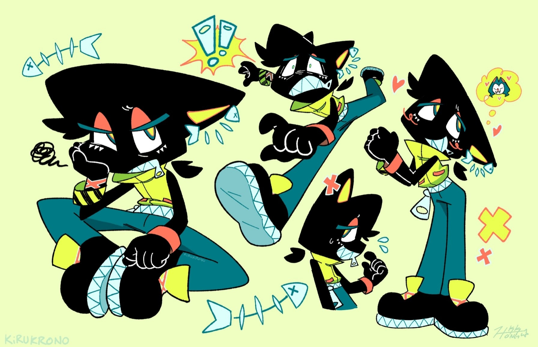 Black cat with a zipper mouth, fish skeleton earring, and a high collar yellow green sleeveless shirt and blue pants. Left is a full body, frustrated expression in a sitting pose, one hand on the cheek. Middle top pose is a running pose, worried expression. Middle bottom is a flustered expression bust. Right is a pining expression full body pose.