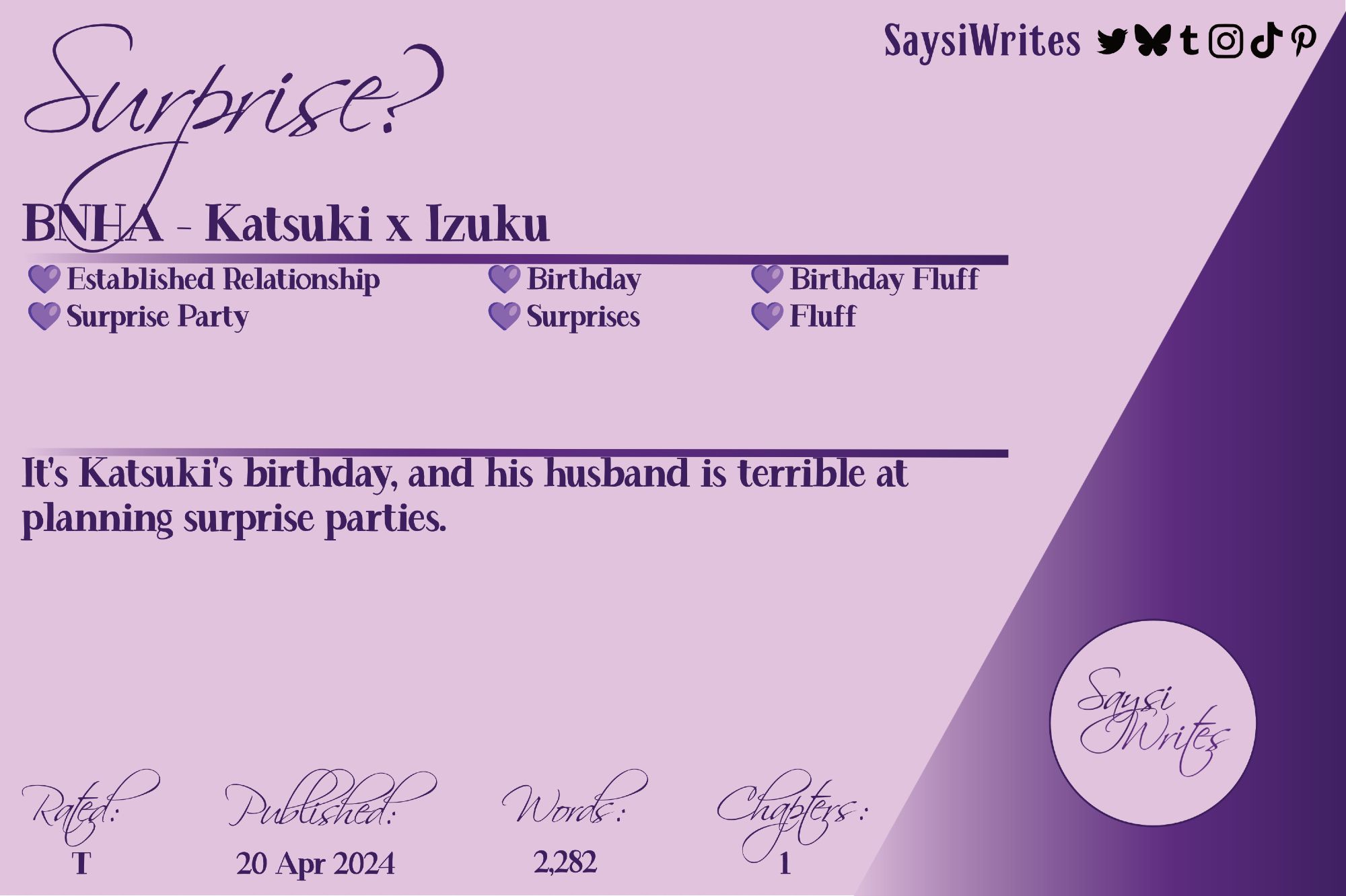 Surprise? 
A BNHA fanfic - Katsuki x Izuku. 
Tags: Established Relationship, Birthday, Birthday FLuff, Surprise Party, Surprises, Fluff.
Summary: It's Katsuki's birthday, and his husband is terrible at planning surprises.
Rated T
Published 20 April 2024
2282 words
One Chapter