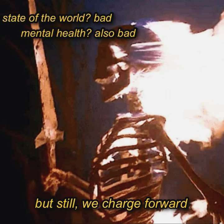 Image of flaming skeleton with a sword.

"State of the world? bad
Mental health? also bad
But still, we charge forward"