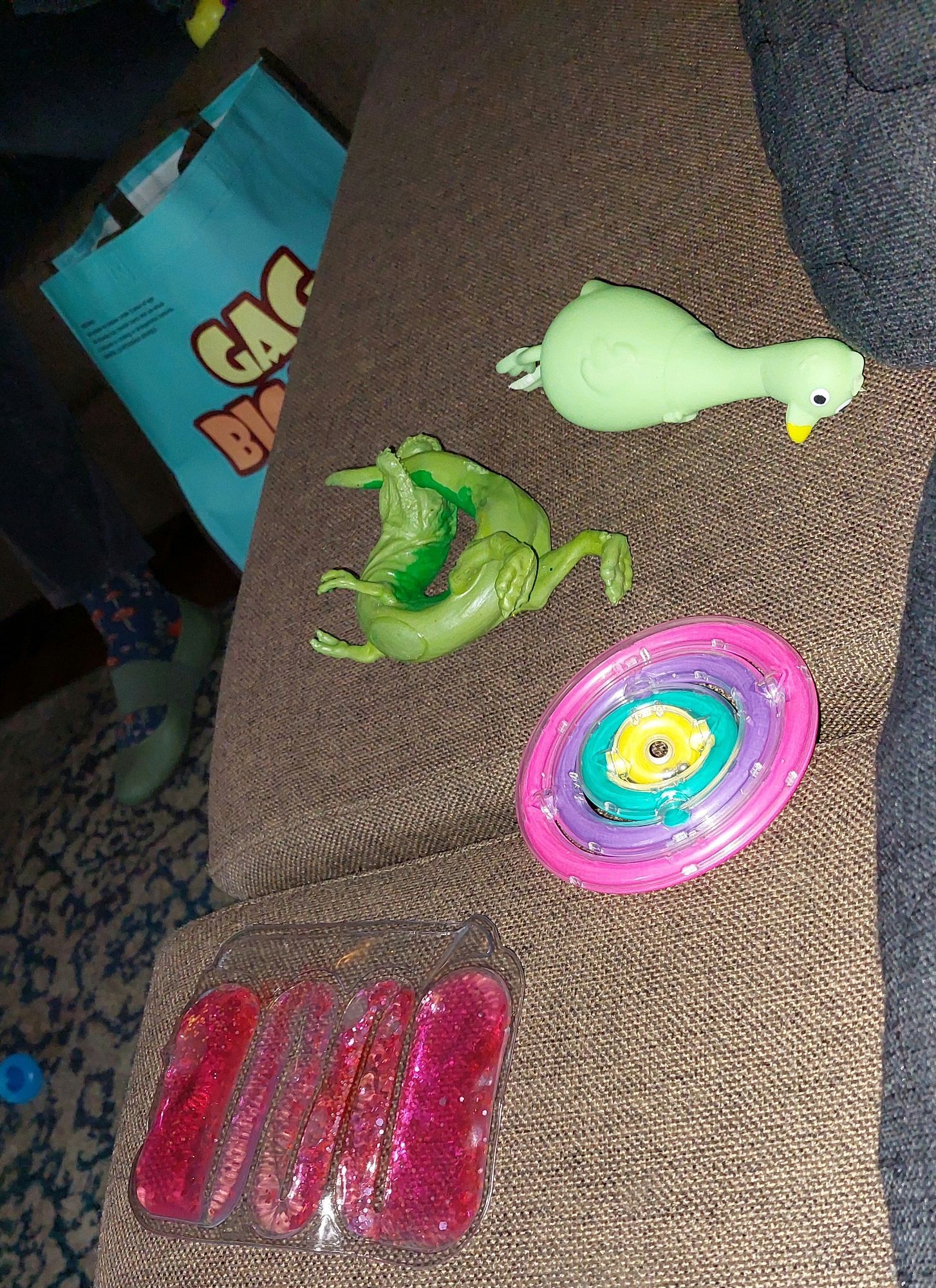 Pointless fidget objects. Stretching dinosaur, rubber chicken etc.