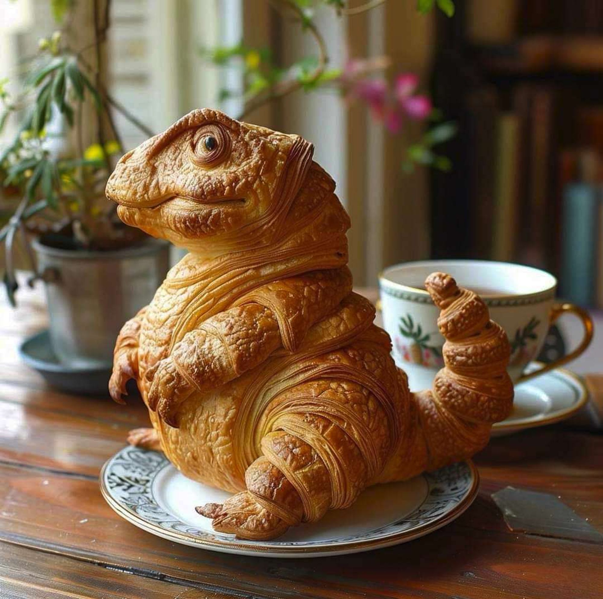 A dinosaur apparently made of croissants