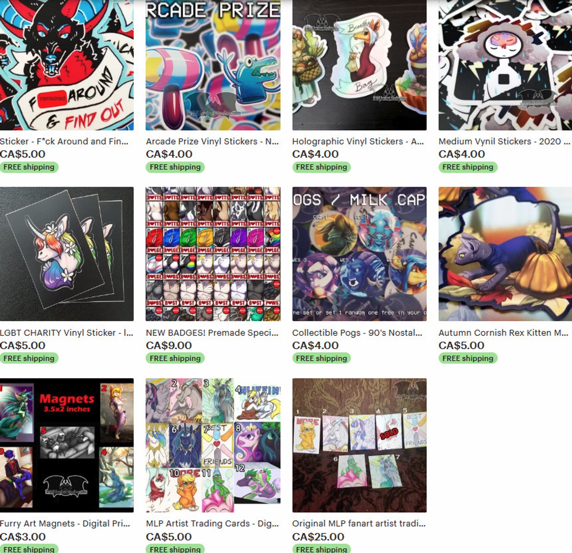 a screenshot of my Etsy shop that shows stickers featuring animals, anthros, fanart, arcade nostalgia, pride/LGBT charity items, premade badges, pogs, my little pony art cards and more.