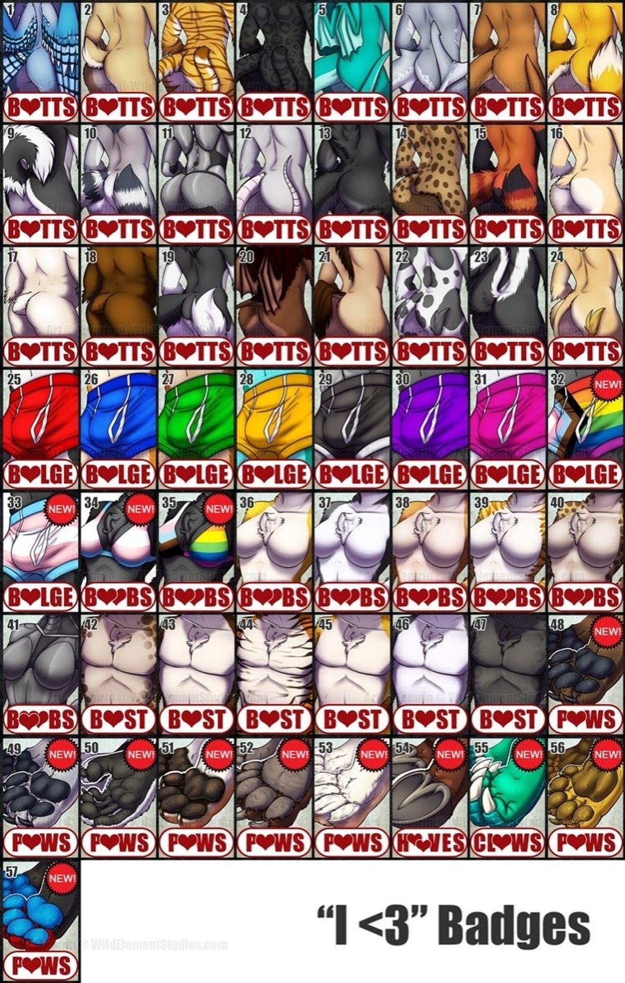 Collage of premade badges of different anthro species and show showing butts, boobs, pecs, bulges, hooves/paws