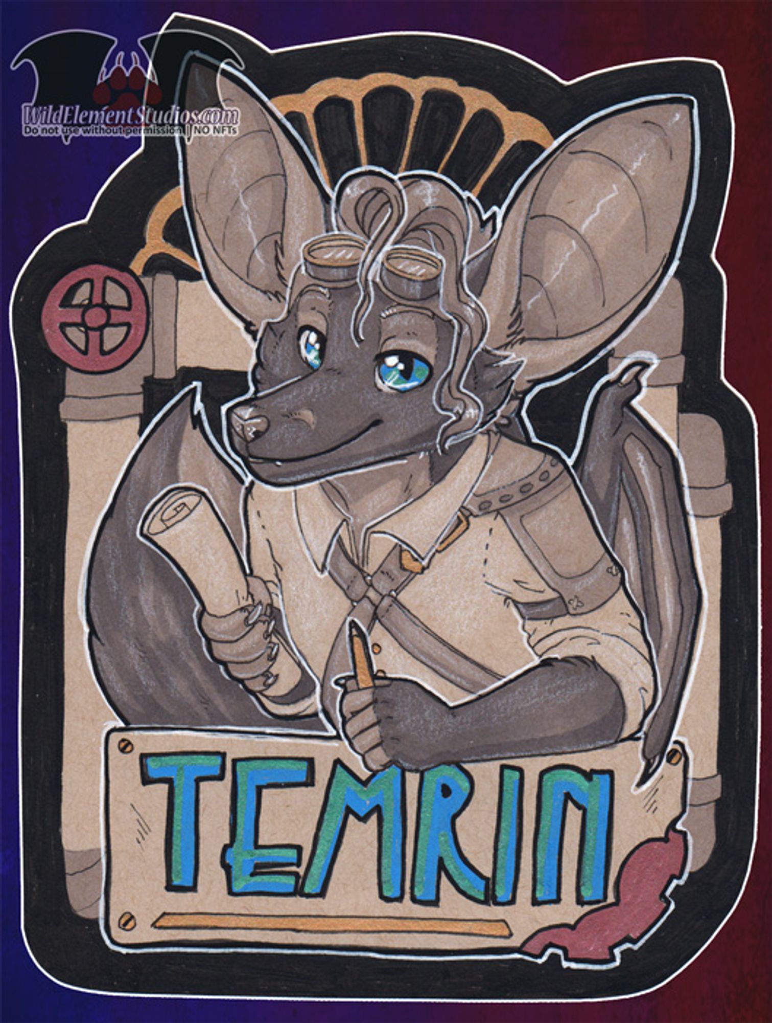 A streampunk themed badge featuring an androg nonbinary furry character, canine/feline/dragon hybrid with short hair with a long bang in the front that is curling overtop of some gld rimmed goggles. They are smiling at the viewer and wearing a collared shirt with some leather accessories strapped across their chest and arm. They are holding a rolled up piece of paper and a pencil. You can see pipes and cogs behind them and a name plate that reads "Temrin" that is in a vibrant blue, like their eyes, and metallic golds and coppers while the rest is greyscale.