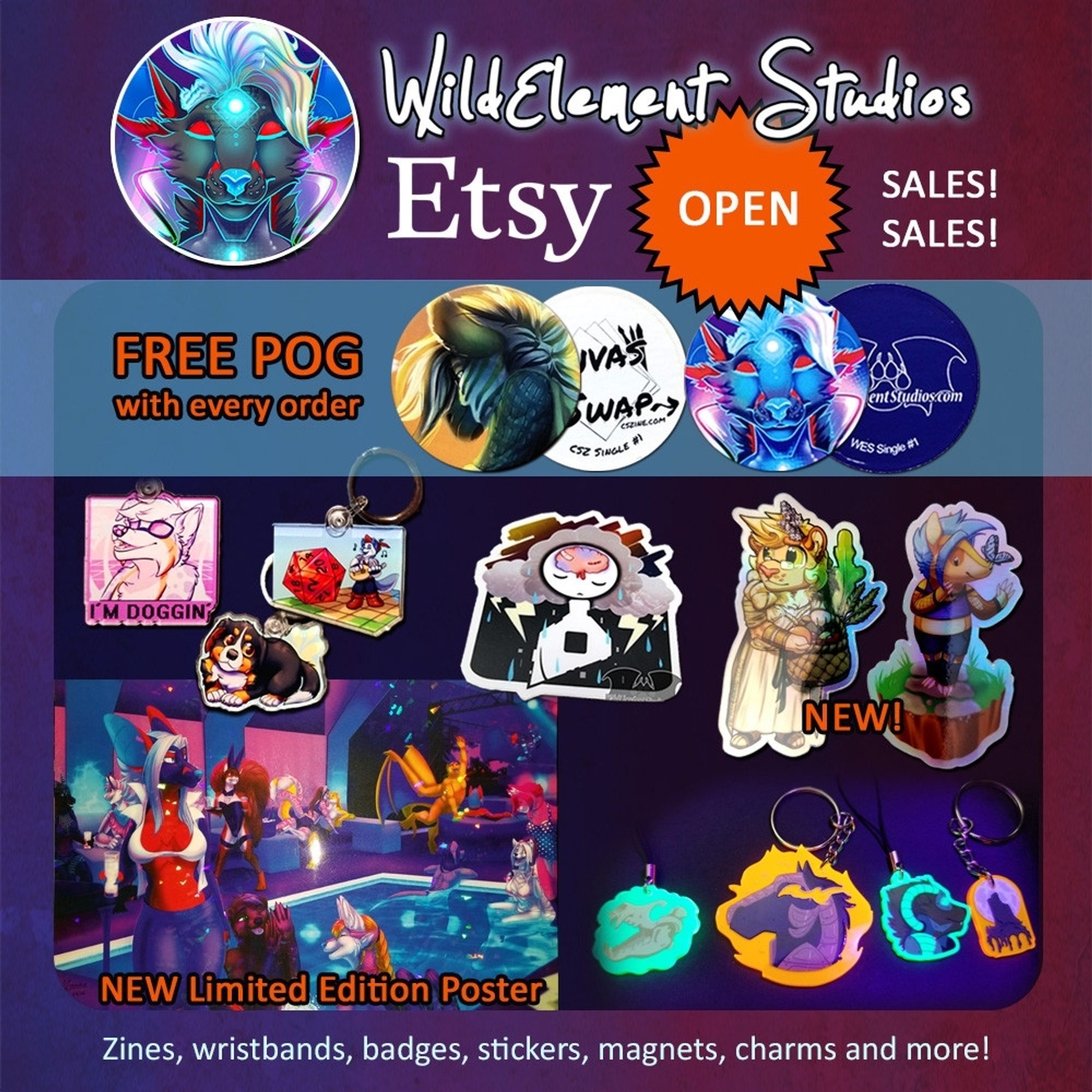 Advert showing various etsy products that feature Pogs (free gift in every order), keychains, charms, stickers, prints and more. Some themes include cute bernese dogs, dungeons and dragons, nightclubs, blacklight reactive charms with halloween themes, animal crossing and more.