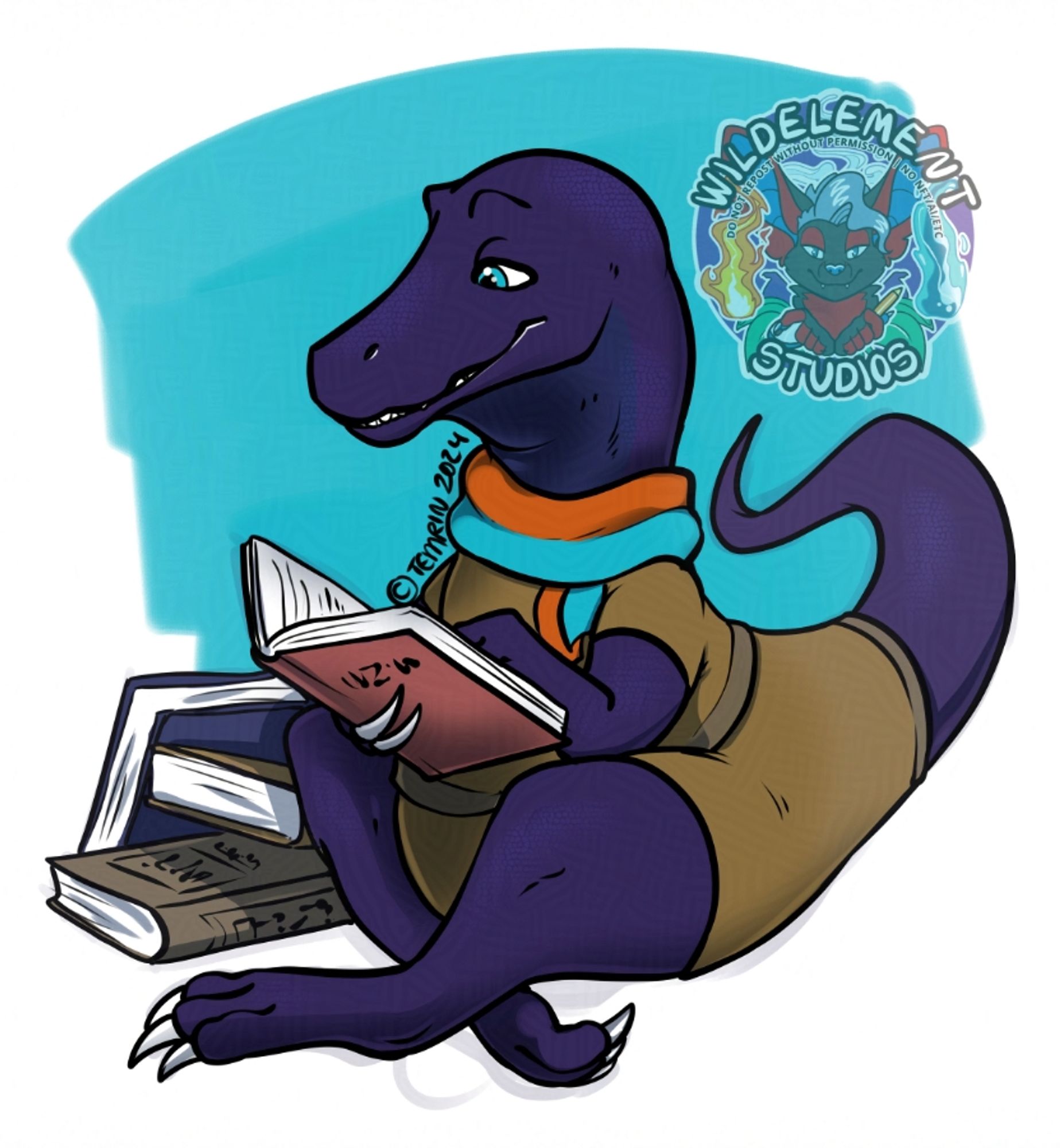 A dark purple with dark blue underbelly Baryonix (dinosaur) character sitting and reading some books with a pile beside them. They are wearing a brown shirt and pants with elongated tail hole as well as a bright tealy blue an rusty orange scarf. Same colour blue in the background as a splash of colour.