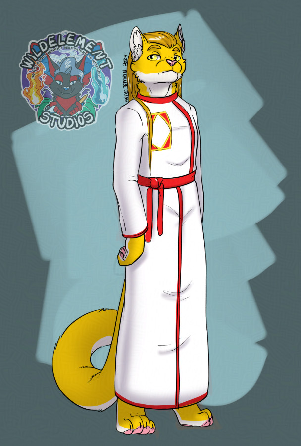 A golden cougar anthro, standing up straight with a neutral expression on as he looks towards you with yellow eyes. He's wearing a white ankle-length robe with red trim and has long dark gold hair.