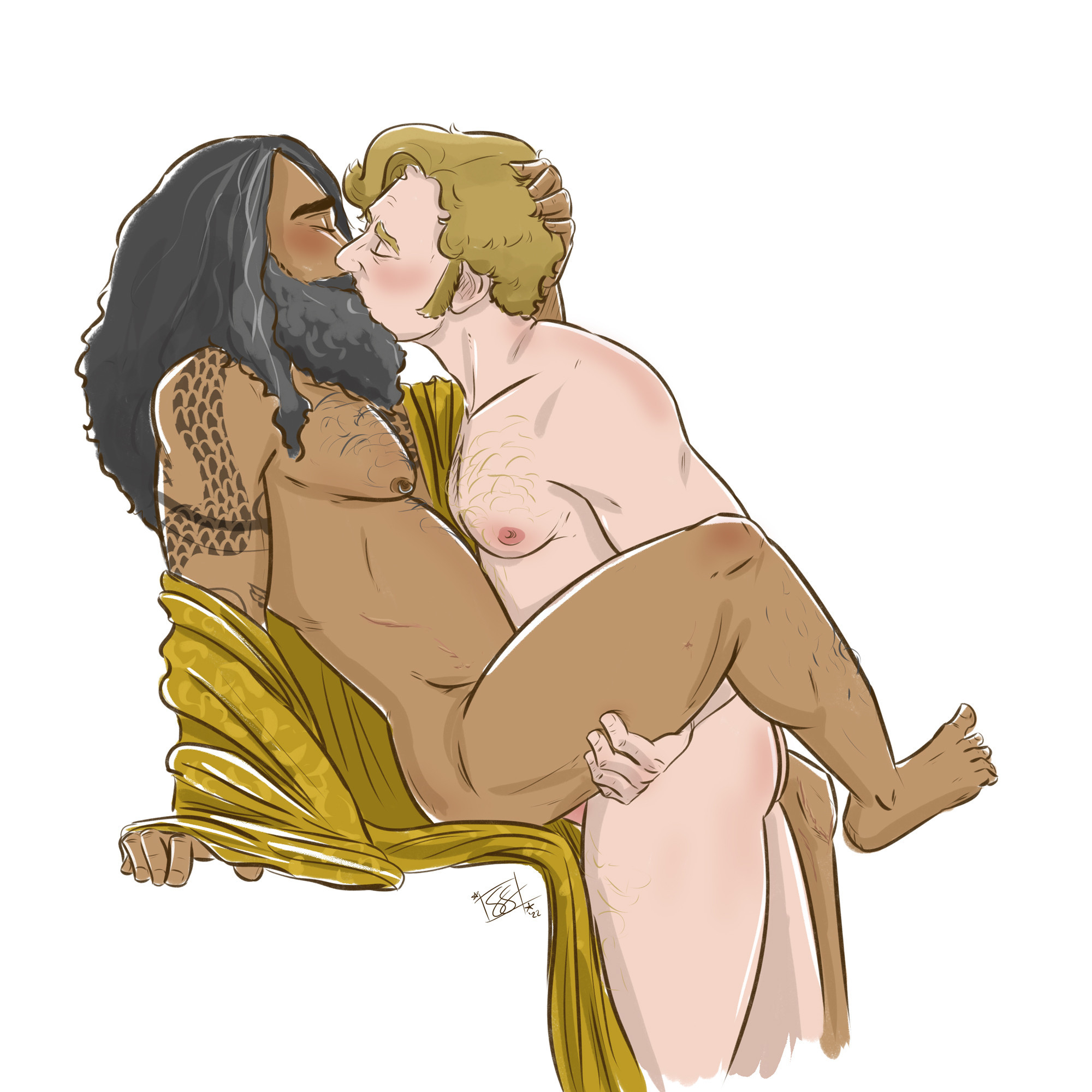 illustration of Ed and Stede from Our Flag Means Death. Ed is seated on an undrawn perch, a golden silk robe falling around him. He is nude and his hair is loose. His right leg is bent and held up by Stede, who is also nude and fucking him. They are kissing, Ed's left hand grasping Stede's head to pull him closer.