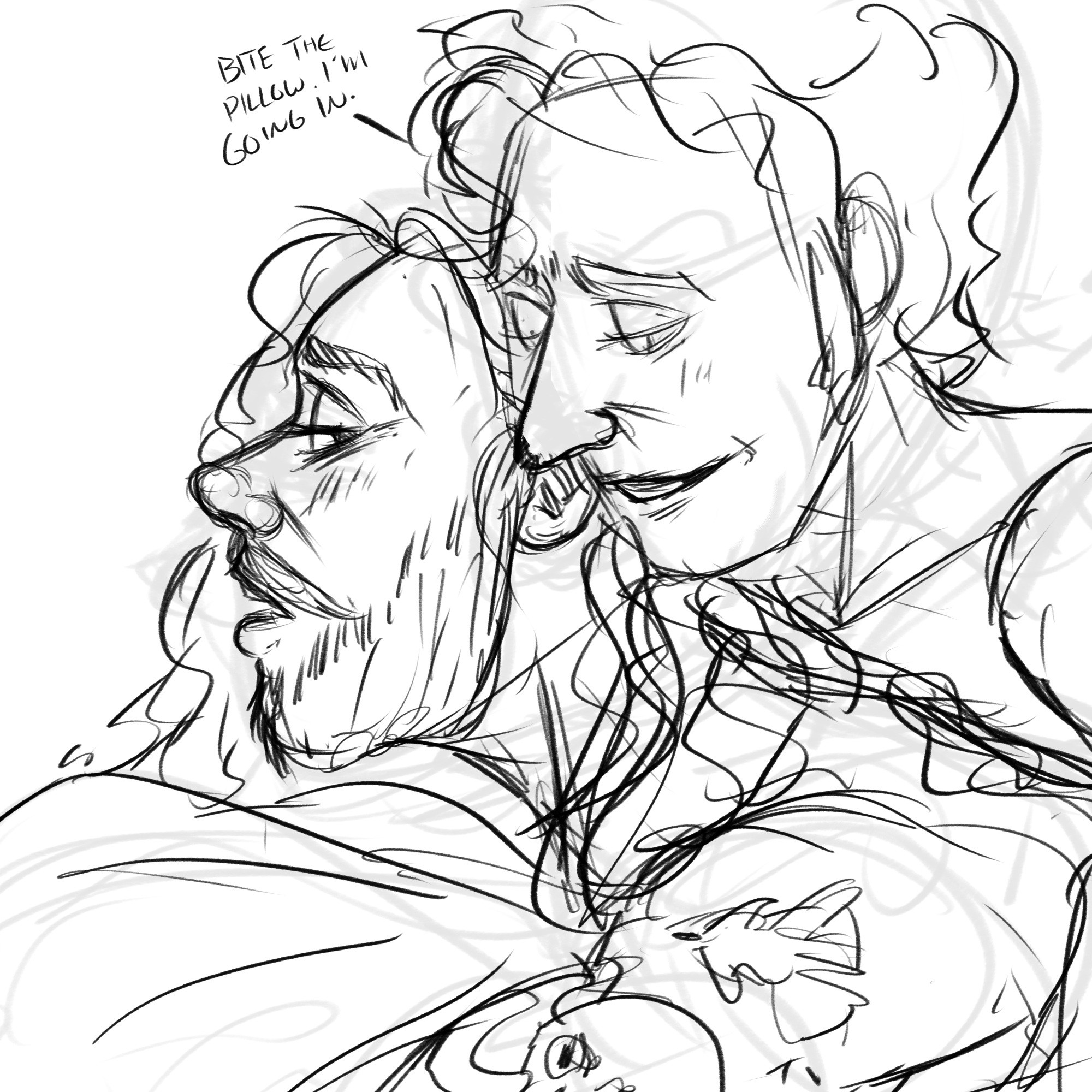 messy sketch of Ed and Stede. Ed is lying on his front, hair down, head up and mouth open. he's looking back at Stede, who's lying on top of him, and blushing. Stede is whispering in his ear "Bite the pillow. I'm going in."