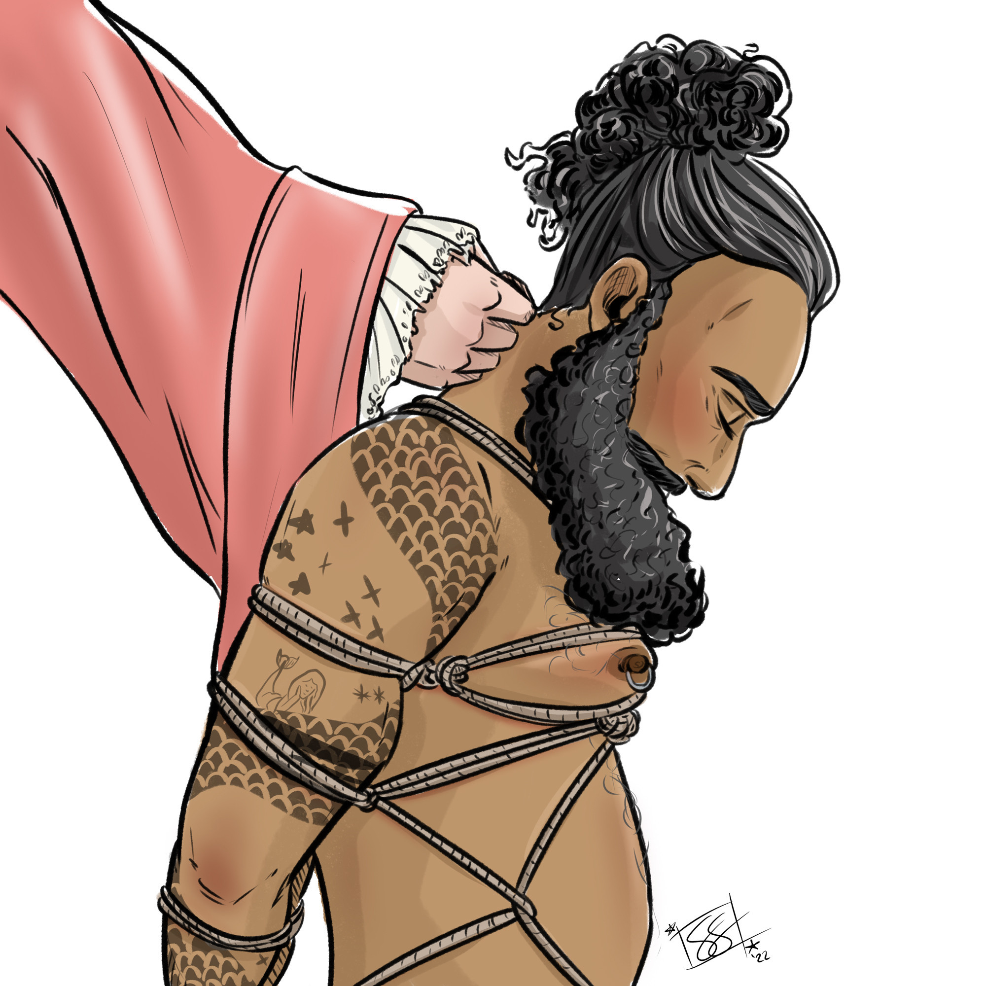 illustration of Ed from Our Flag Means Death. He is in side-profile, shown from torso up, and appears naked. His hair is pulled up and his head is bowed, eyes closed. He is tied up in shibari. Behind him, only Stede's right arm is available, wearing a light red dressing gown. He is rubbing his knuckles gently down the back of Ed's neck.