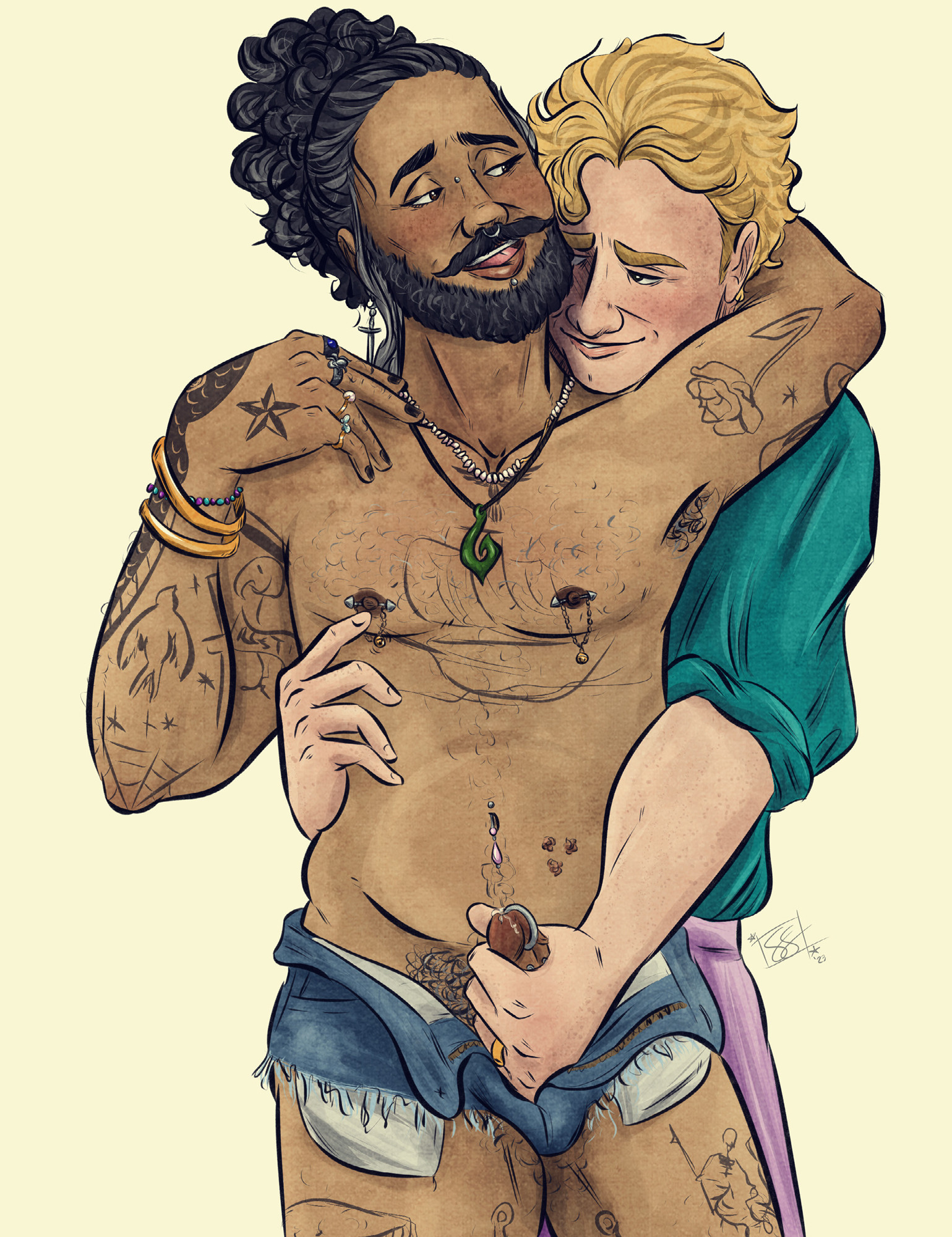 Ed is shirtless and wearing a pair of tiny denim cut offs, with the pockets sticking out from the bottom. The zipper is undone and his cock is out, wrapped in Stede's fist, who is behind him. Ed's hair is pulled up fully into a messy bun, and his left arm is curled up around the back of Stede's neck. He is adorned with jewlery, including rings, necklaces, bangles, a septum ring, a vertical labret, barbells through his nipples that have little bells dangling from a chain, a belly button piercing, and a prince albert. Stede is wearing a jade green shirt with the sleeves rolled up and lavendar trousers. He has a gold wedding band on his finger.