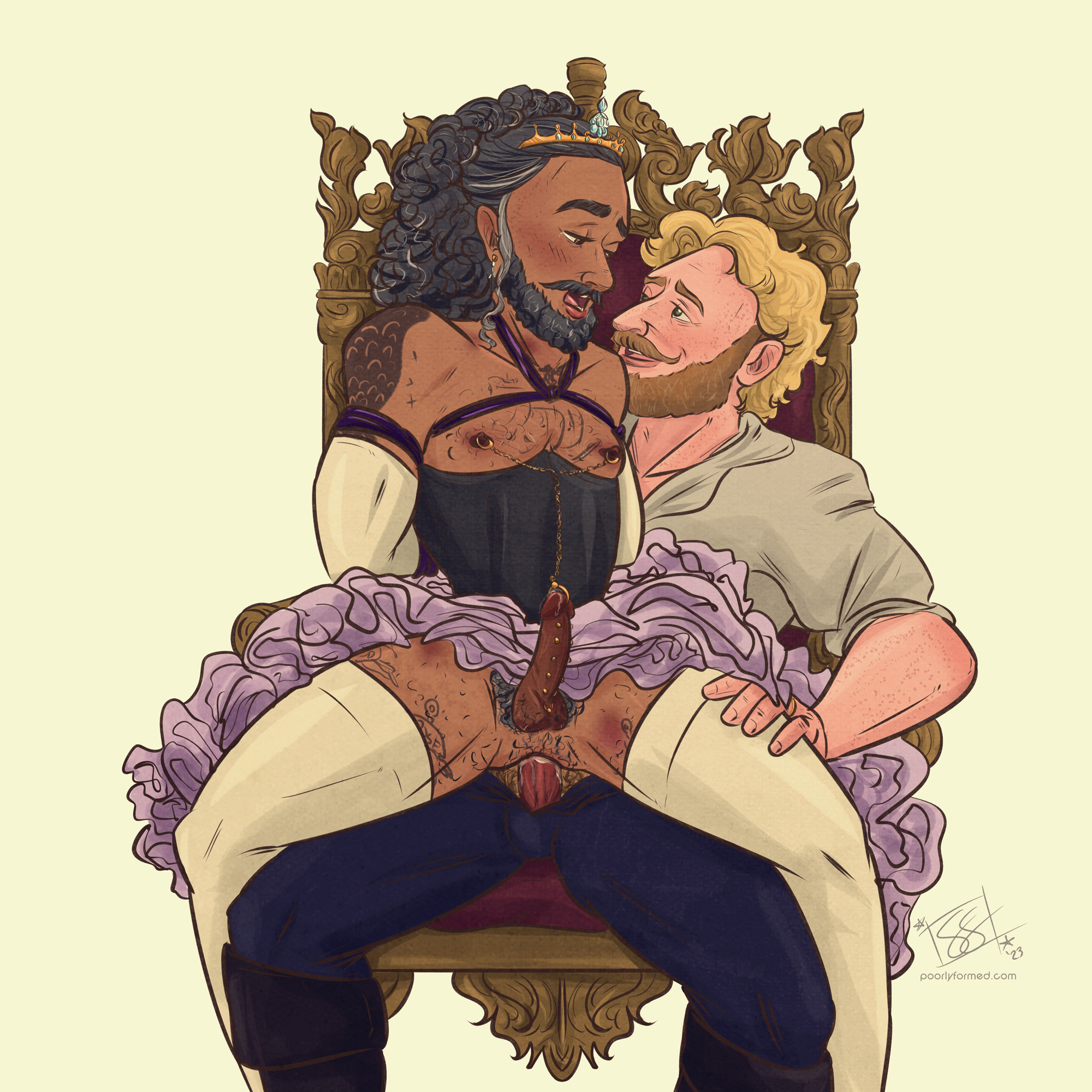 Stede is sitting on a throne, Ed on his lap. Stede is fully dressed in a simple shirt and trousers, but his cock is out, fucking Ed. Ed is wearing a black corset, ruffly purple skirt, and white stockings and opera gloves. Purple ribbon binds his arm and chest. His nipples are pierced with gold rings, a gold chain connecting them and then extending to a prince albert piercing. He also has jacob's ladder and a guiche piercing. There are hickeys on his chest and thighs.