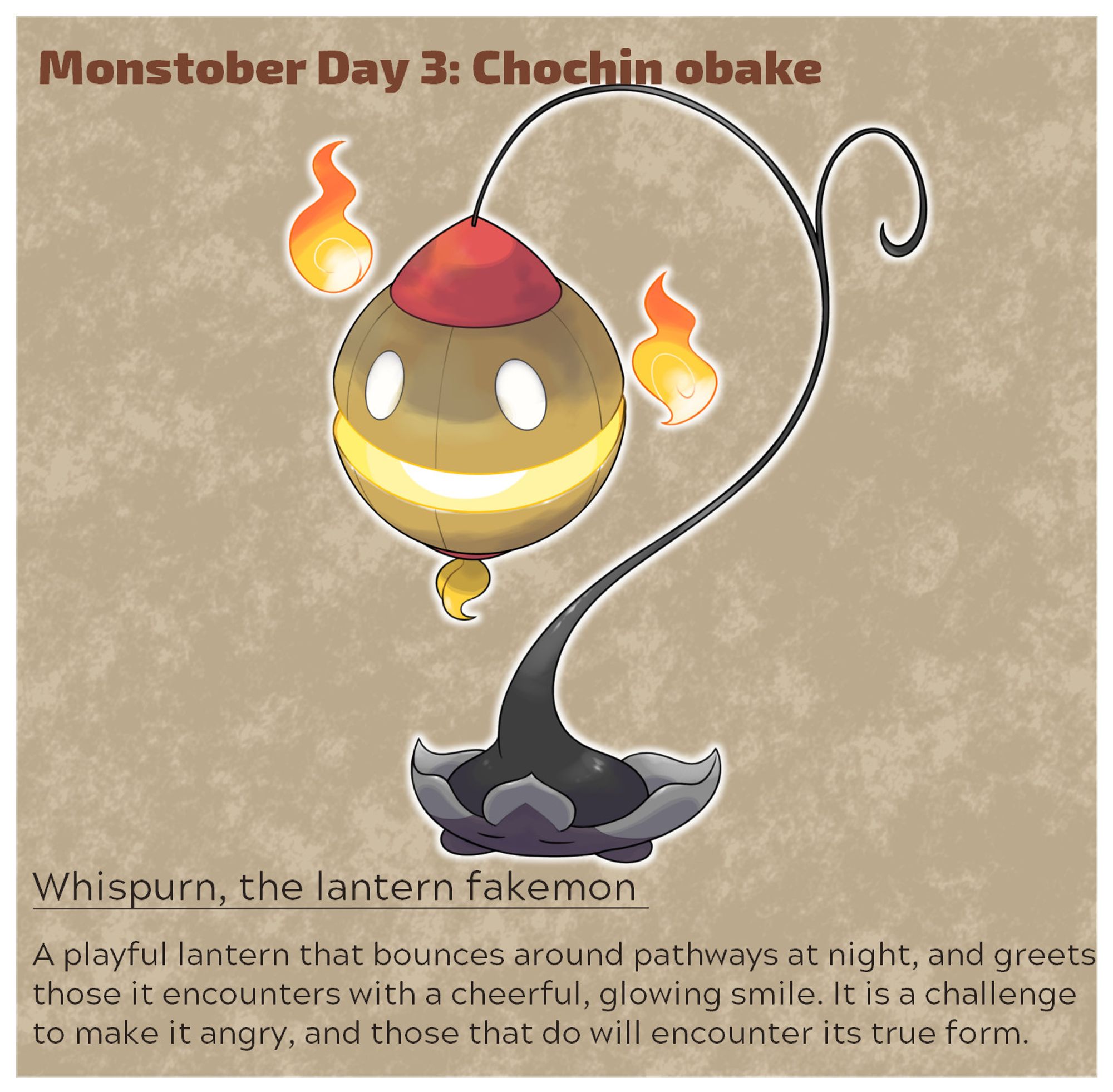 Montober day 3: Whispurn. It is a fakemon that looks like a lantern with a smiling face, hanging from a line that curves down to the ground. The line is anchored by a black and gray flower-like entity.