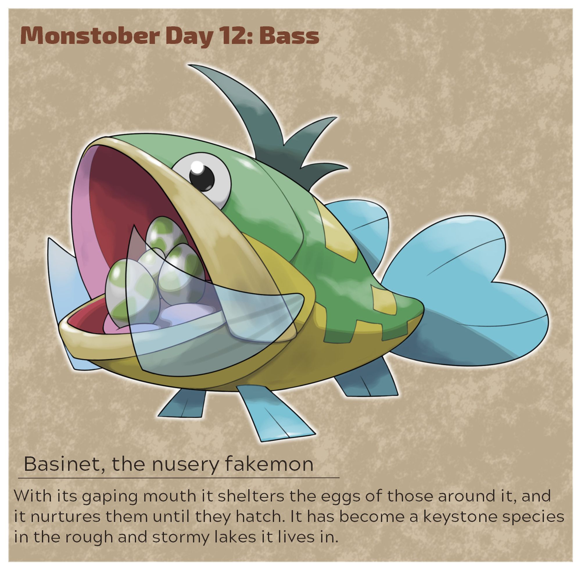 A picture of a green and yellow fakemon bass that has a wide gaping mouth with some eggs in it. It is protecting the eggs with its fin. 