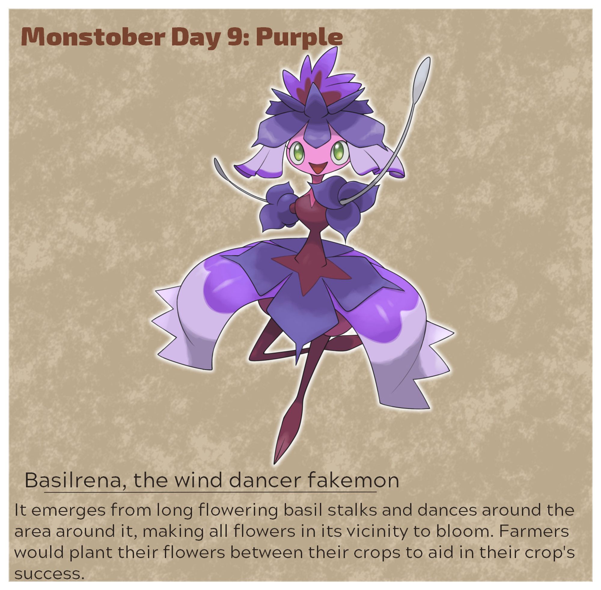 A fakemon that looks like a dancing girl, which is based on thai basil