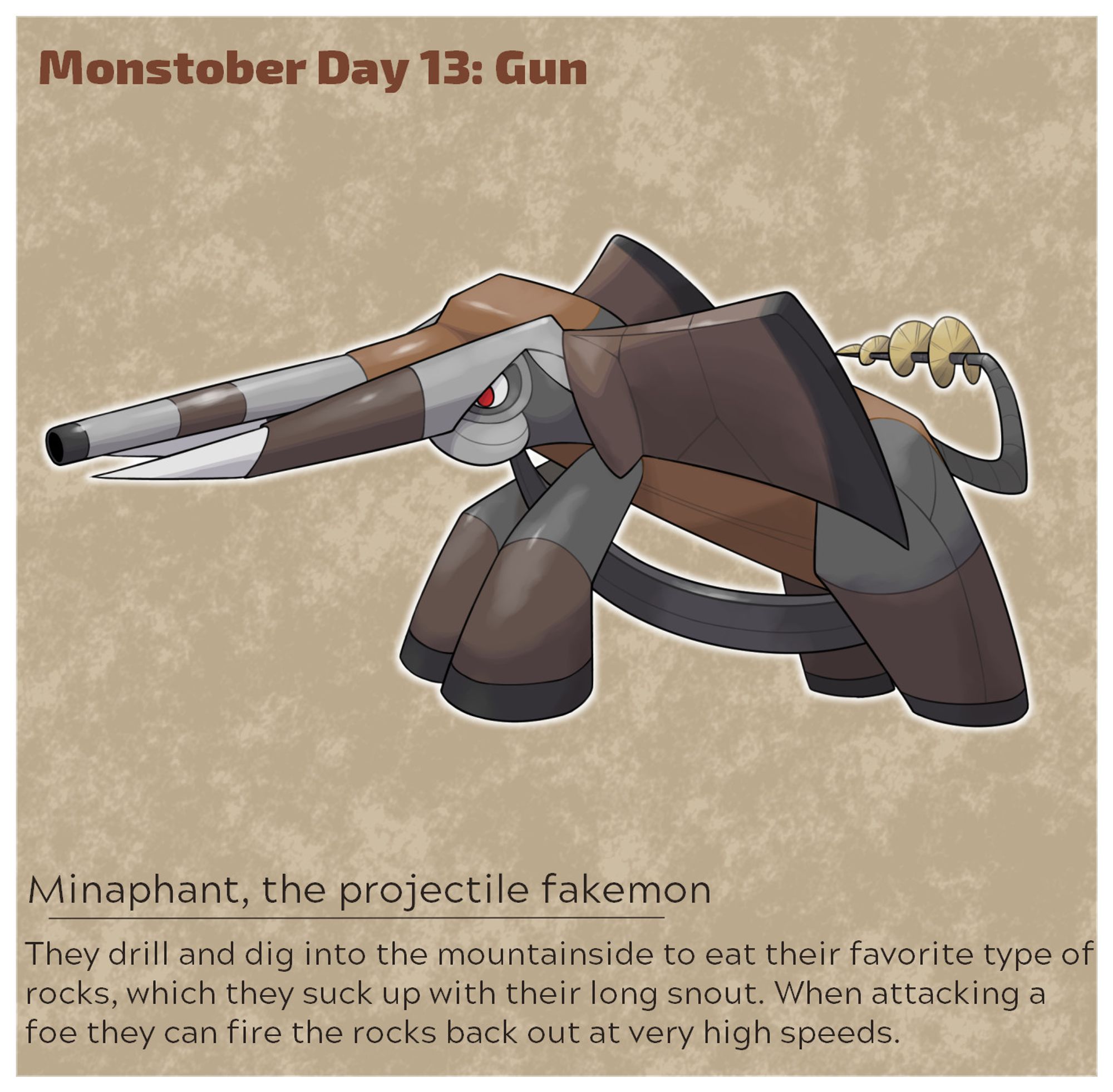 An elephant fakemon that is based on a rifle