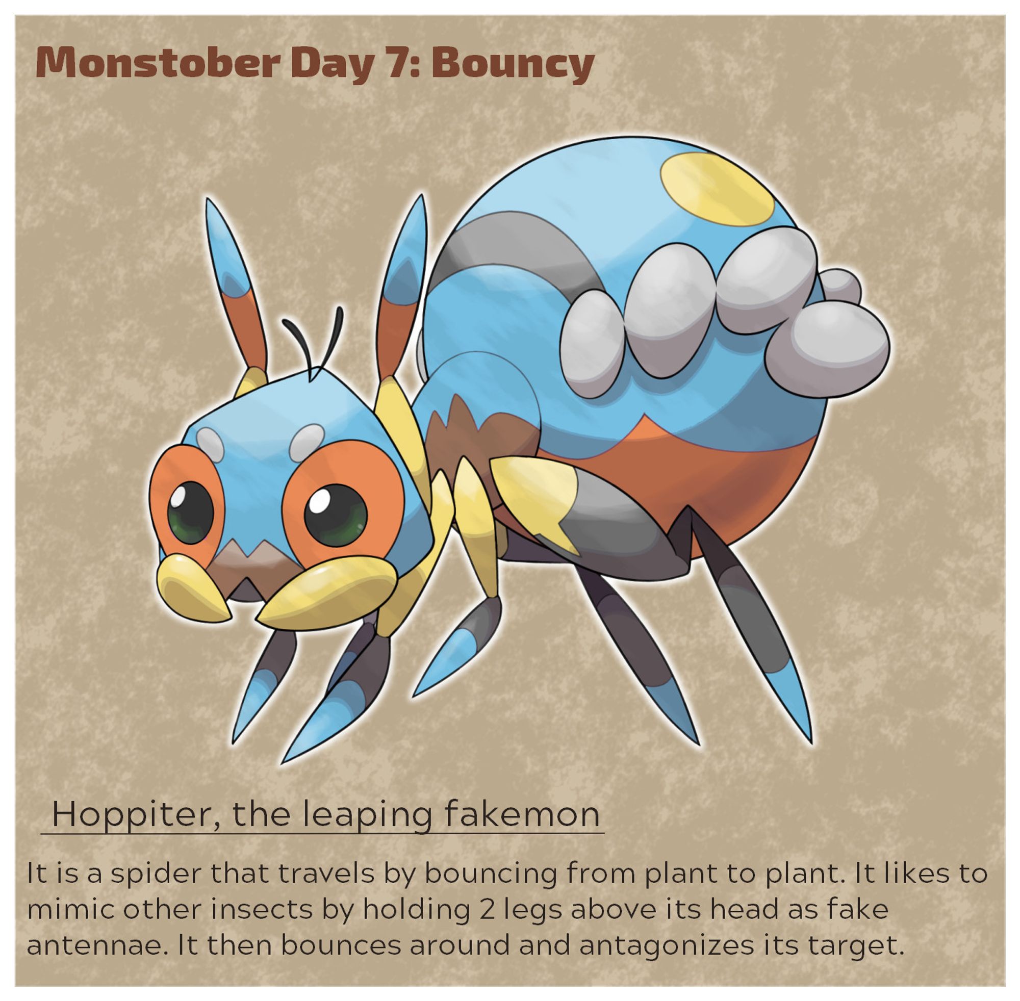 A picture of a blue and orange jumping spider fakemon